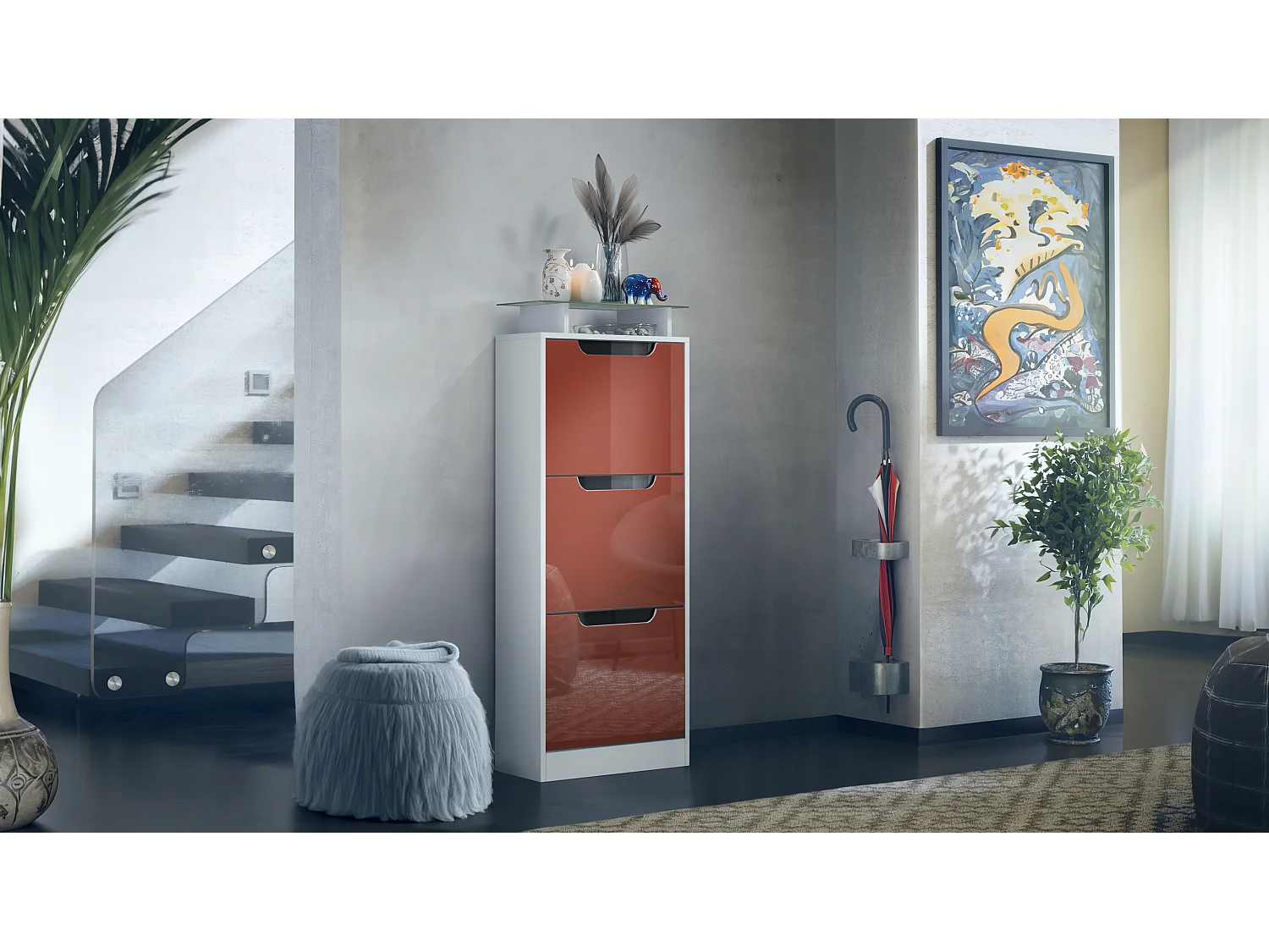 Vladon Scarpiera Space V2, Scarpiera per 12 paia di scarpe con 3 ribalte e ripiano in vetro, bianco opaco/bordeaux lucido (46 x 128 x 23 cm)