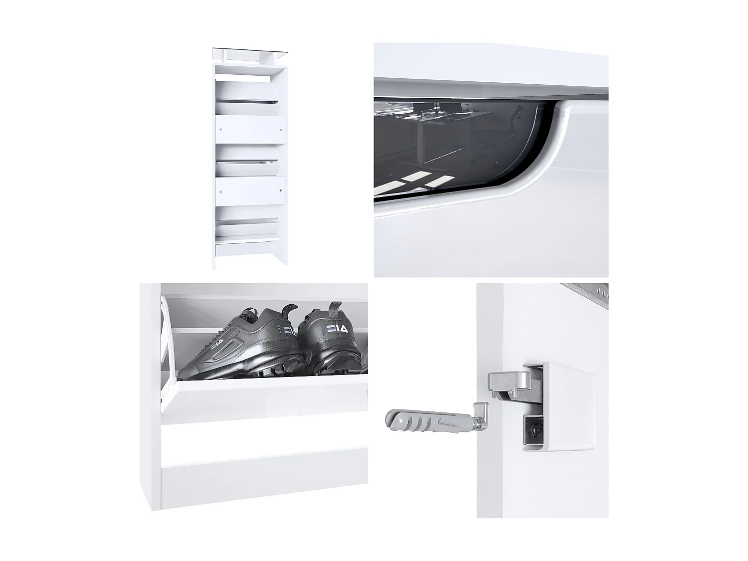 Vladon Scarpiera Space V2, Scarpiera per 12 paia di scarpe con 3 ribalte e ripiano in vetro, bianco opaco/bordeaux lucido (46 x 128 x 23 cm)