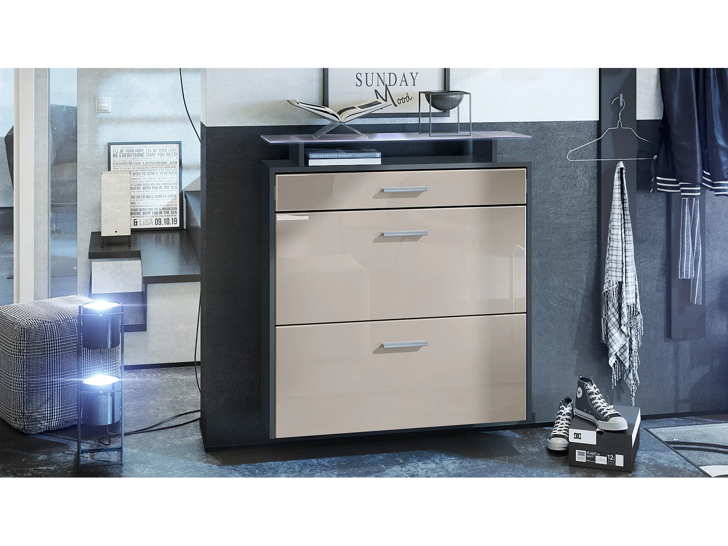 Scarpiera Vladon Malea, antracite opaco /grigio sabbia lucido incl. LED - carrello appeso per 16 paia di scarpe (89 x 96 x 23 cm)