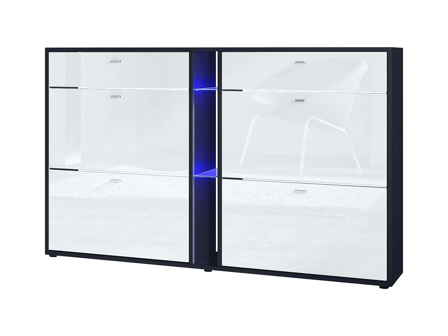 Meuble à chaussures à bascule Today 155,5 x 95 x 28 cm, avec un éclairage LED bleu, corps en Noir mat, façades en blanc haute brillance