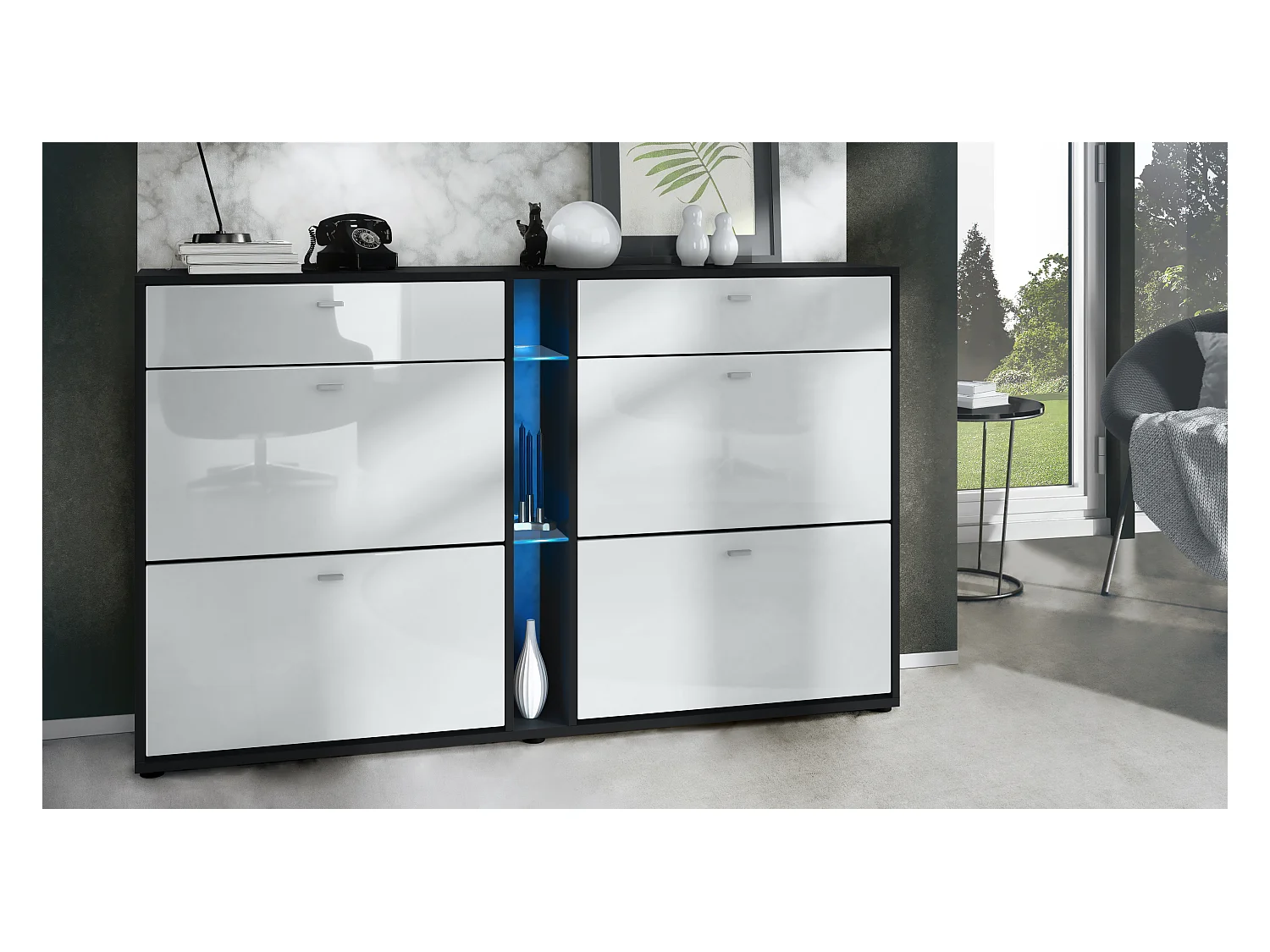 Meuble à chaussures à bascule Today 155,5 x 95 x 28 cm, avec un éclairage LED bleu, corps en Noir mat, façades en blanc haute brillance