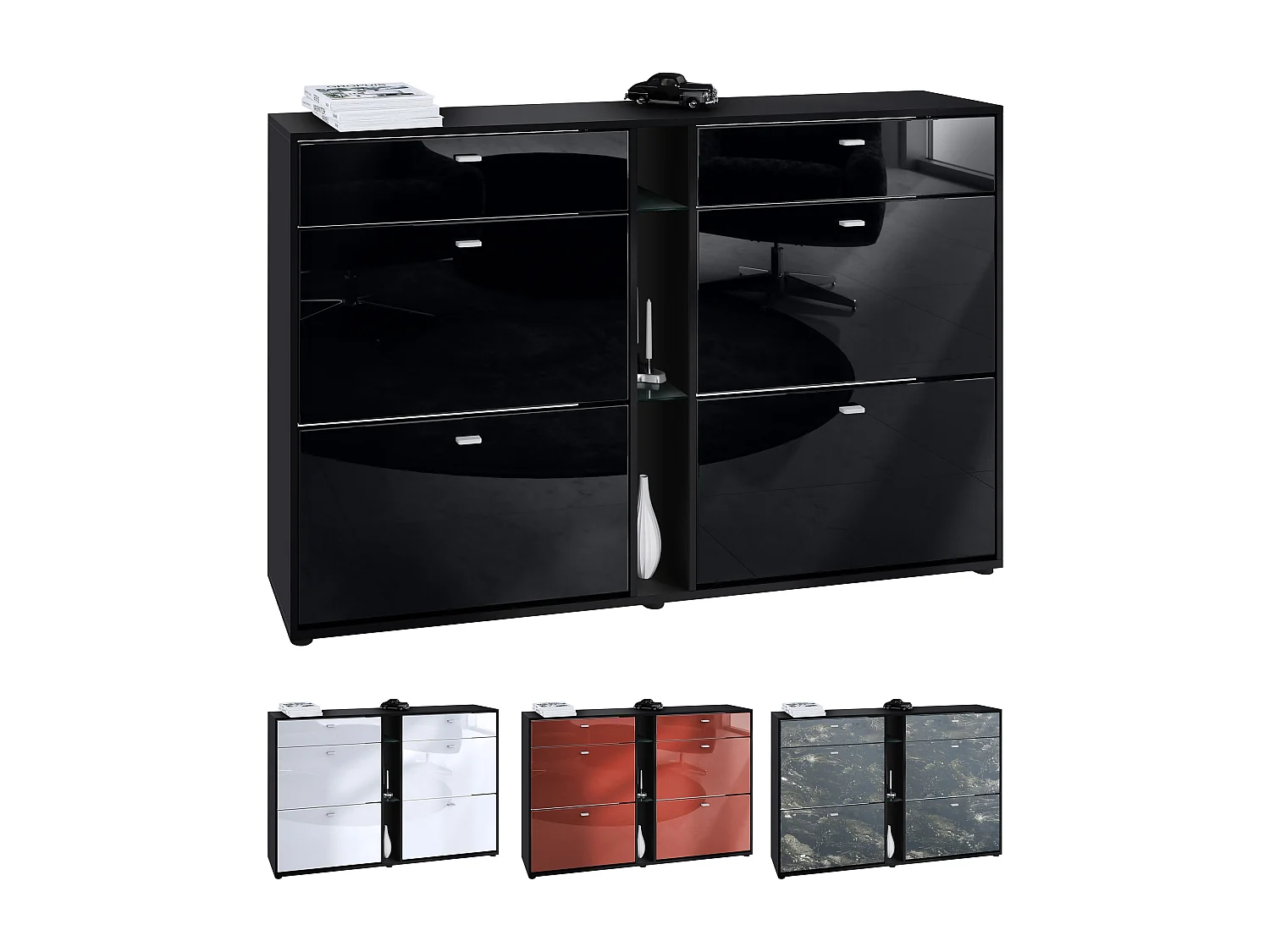 Scarpiera Today con 4 ante e 2 cassetti 155,5 x 95 x 28 cm, con illuminazione LED blu, struttura in nero opaco, frontali in bianco lucido