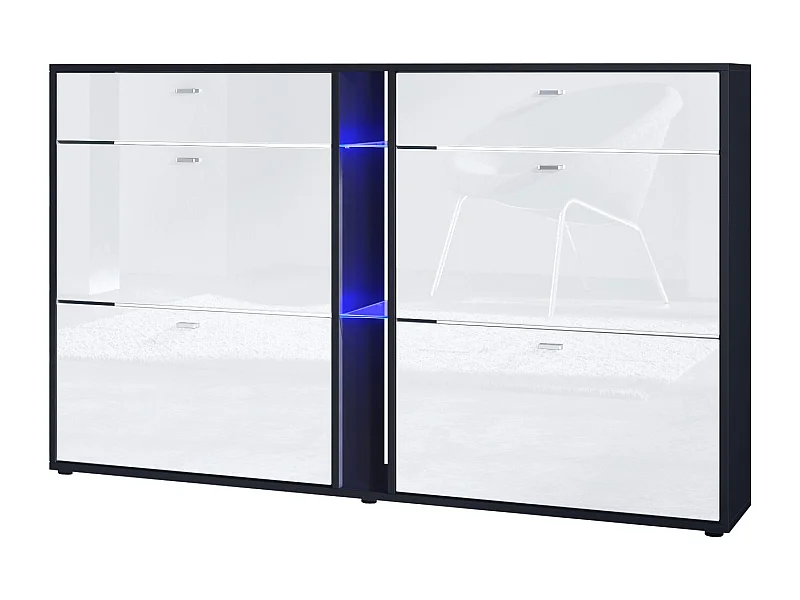 Scarpiera Today con 4 ante e 2 cassetti 155,5 x 95 x 28 cm, con illuminazione LED blu, struttura in nero opaco, frontali in bianco lucido