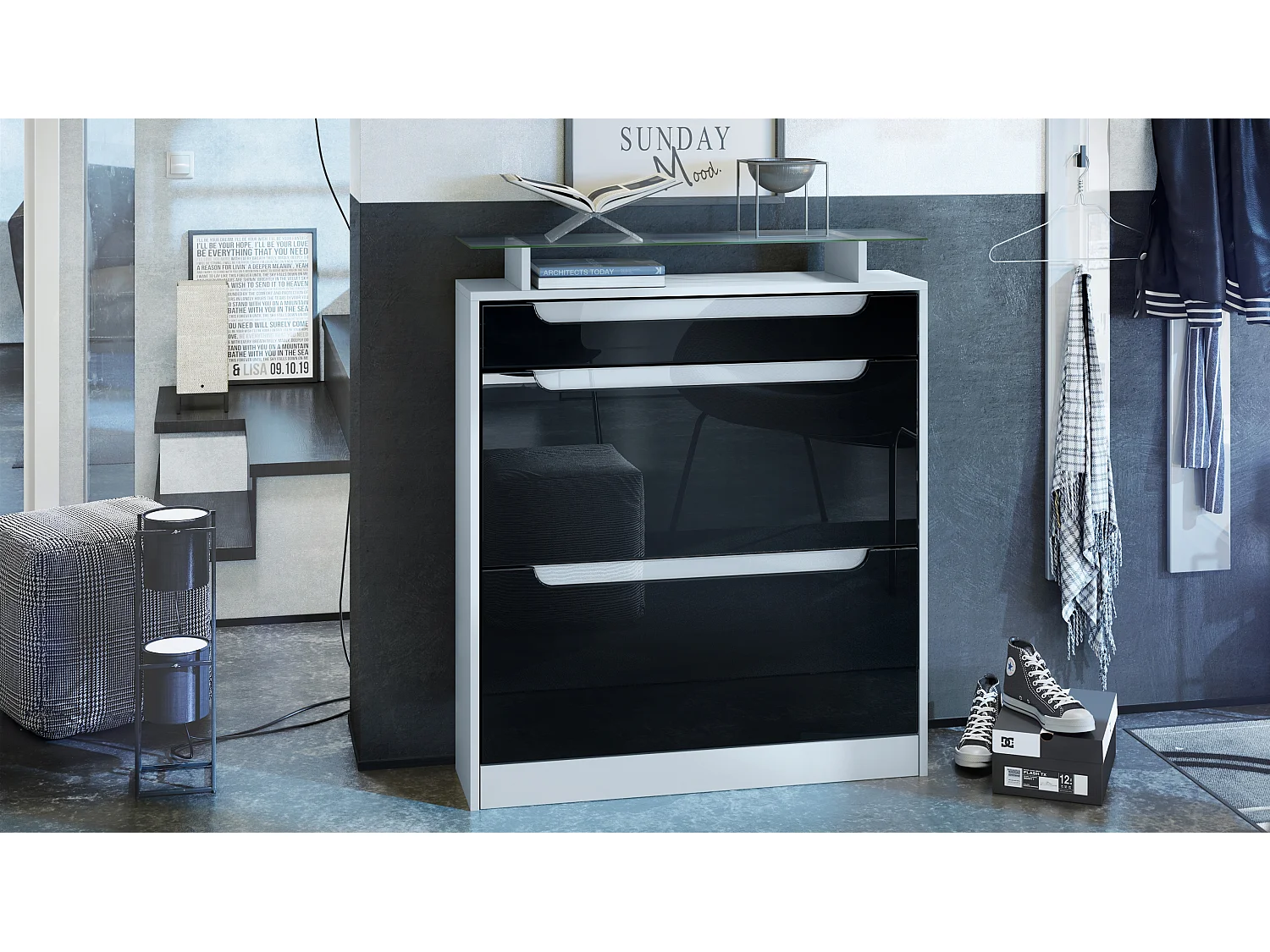 Armoire à chaussures Fiesta, blanc mat/noir haute brillance/blanc haute brillance - basculeur pour 16 paires de chaussures (89 x 104 x 23 cm)