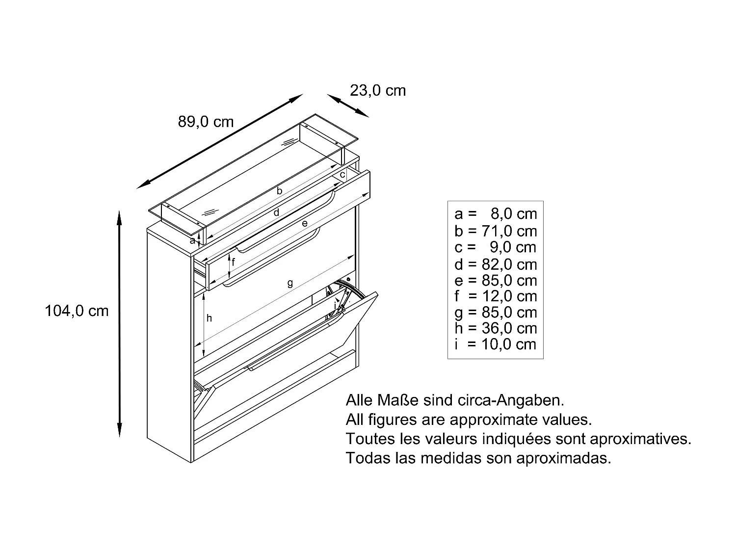 Armoire à chaussures Fiesta, blanc mat/noir haute brillance/blanc haute brillance - basculeur pour 16 paires de chaussures (89 x 104 x 23 cm)