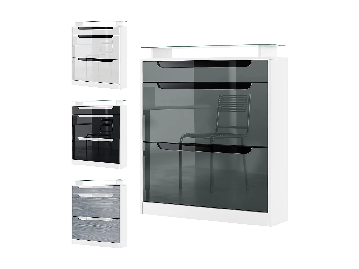 Armoire à chaussures Fiesta, blanc mat/noir haute brillance/blanc haute brillance - basculeur pour 16 paires de chaussures (89 x 104 x 23 cm)