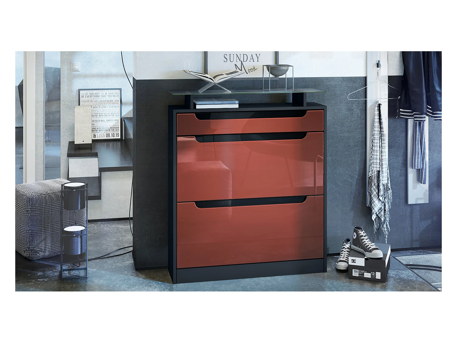 Vladon Mueble zapatero Fiesta, negro mate/burdeos de alto brillo/negro de alto brillo - volquete zapatero para 16 pares de zapatos (89 x 104 x 23 cm)