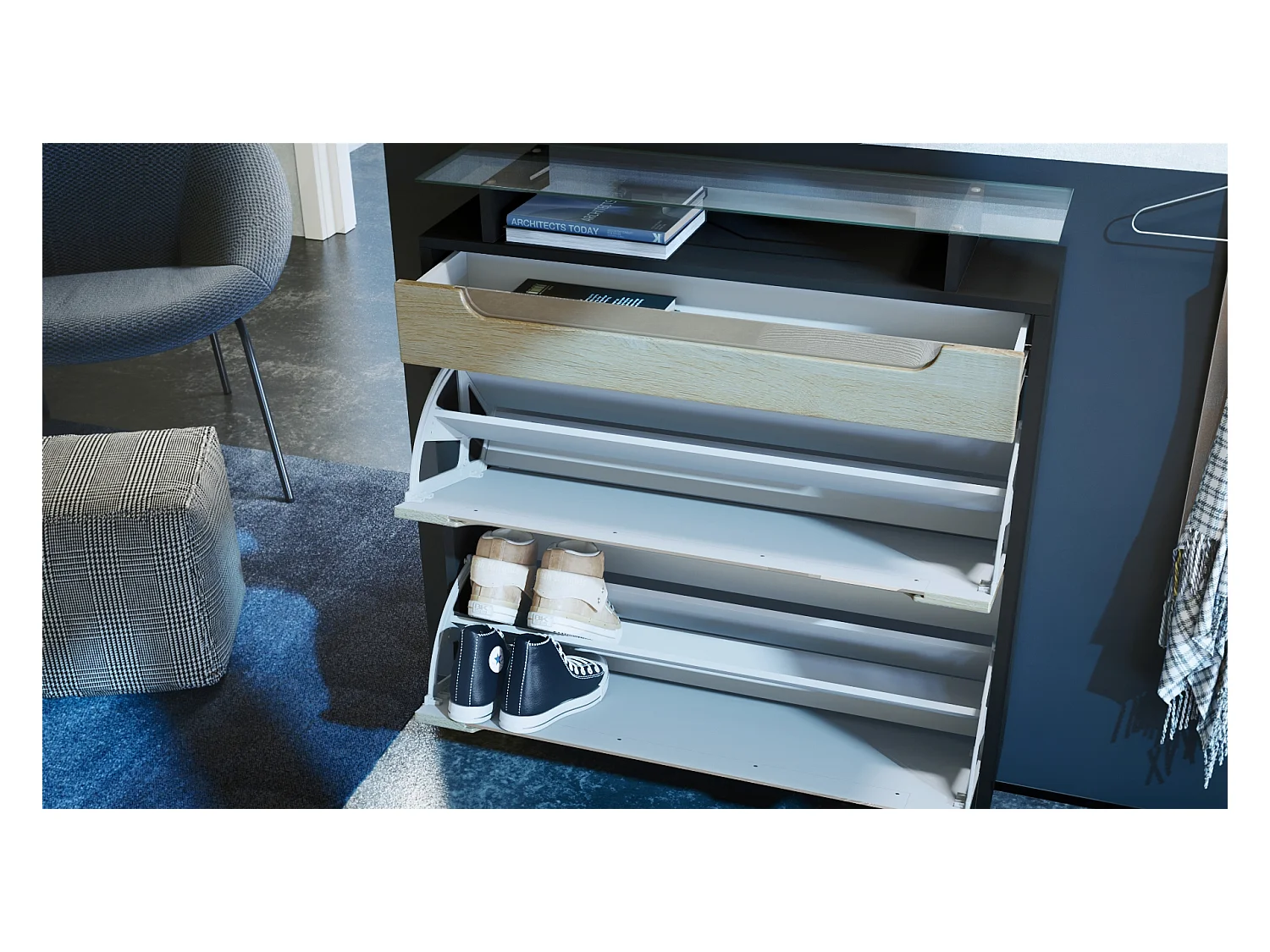 Vladon Mueble zapatero Fiesta, negro mate/burdeos de alto brillo/negro de alto brillo - volquete zapatero para 16 pares de zapatos (89 x 104 x 23 cm)