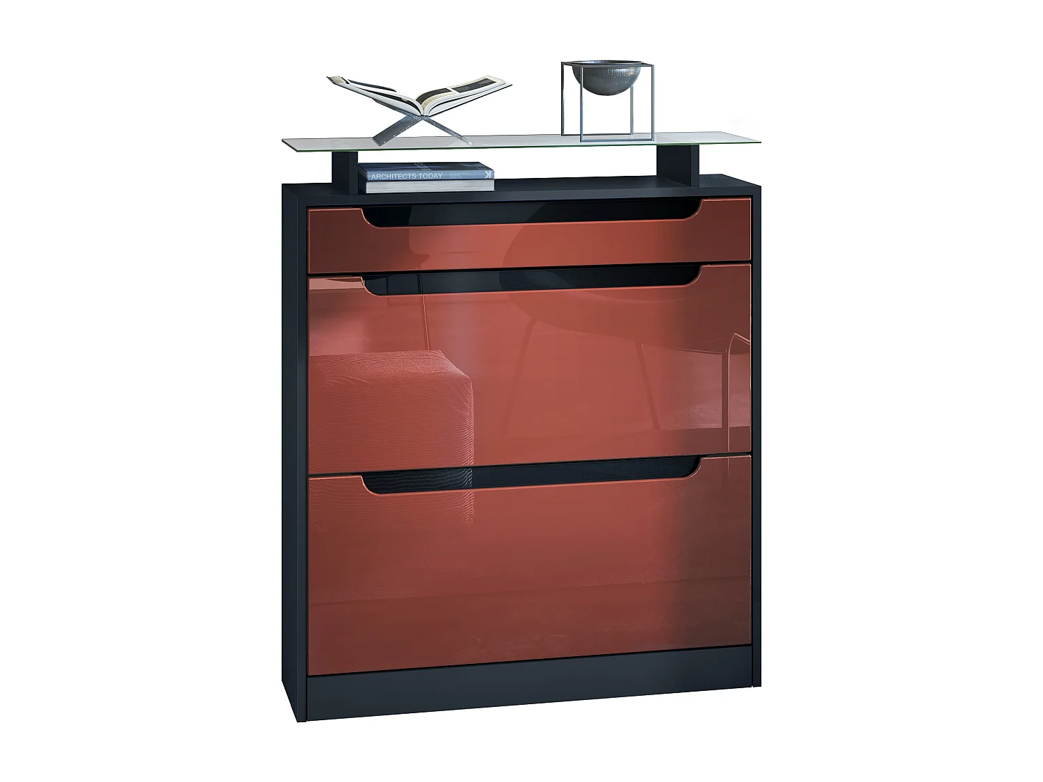 Vladon Scarpiera Fiesta, nero opaco/bordeaux lucido/nero lucido - ribaltabile per 16 paia di scarpe (89 x 104 x 23 cm)