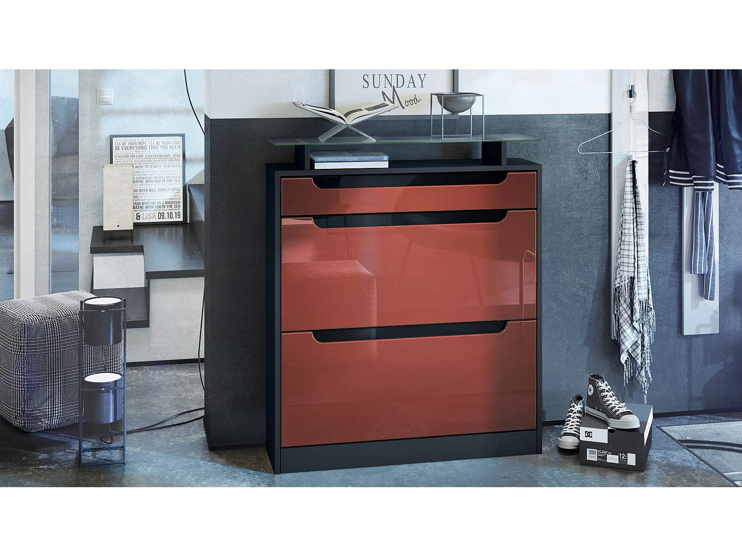 Vladon Scarpiera Fiesta, nero opaco/bordeaux lucido/nero lucido - ribaltabile per 16 paia di scarpe (89 x 104 x 23 cm)