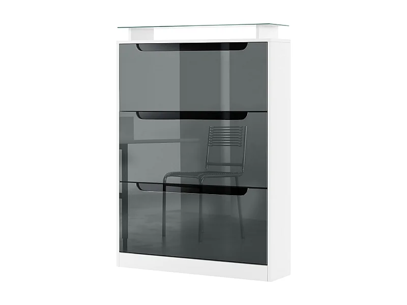 Shoe Cabinet Space, Mobile per 24 paia di scarpe con 3 ante a ribalta e un ripiano in vetro, bianco opaco/grigio lucido (89 x 128 x 23 cm)