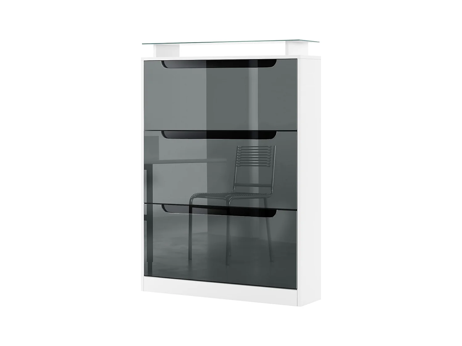 Meuble à chaussures Space, basculant pour 24 paires de chaussures avec 3 clapets et étagère en verre, Blanc mat/Gris haute brillance (89 x 128 x 23 cm)