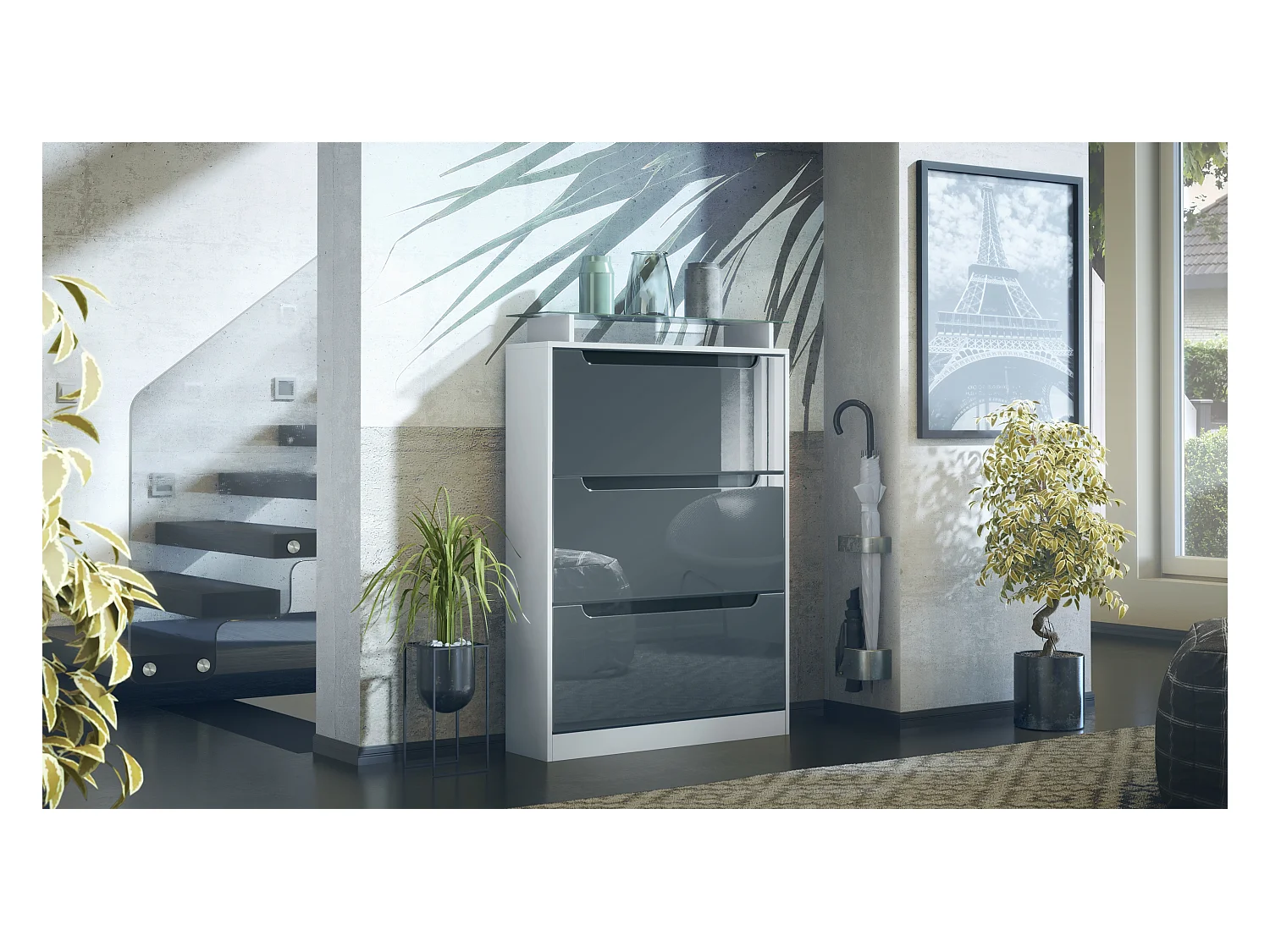 Meuble à chaussures Space, basculant pour 24 paires de chaussures avec 3 clapets et étagère en verre, Blanc mat/Gris haute brillance (89 x 128 x 23 cm)