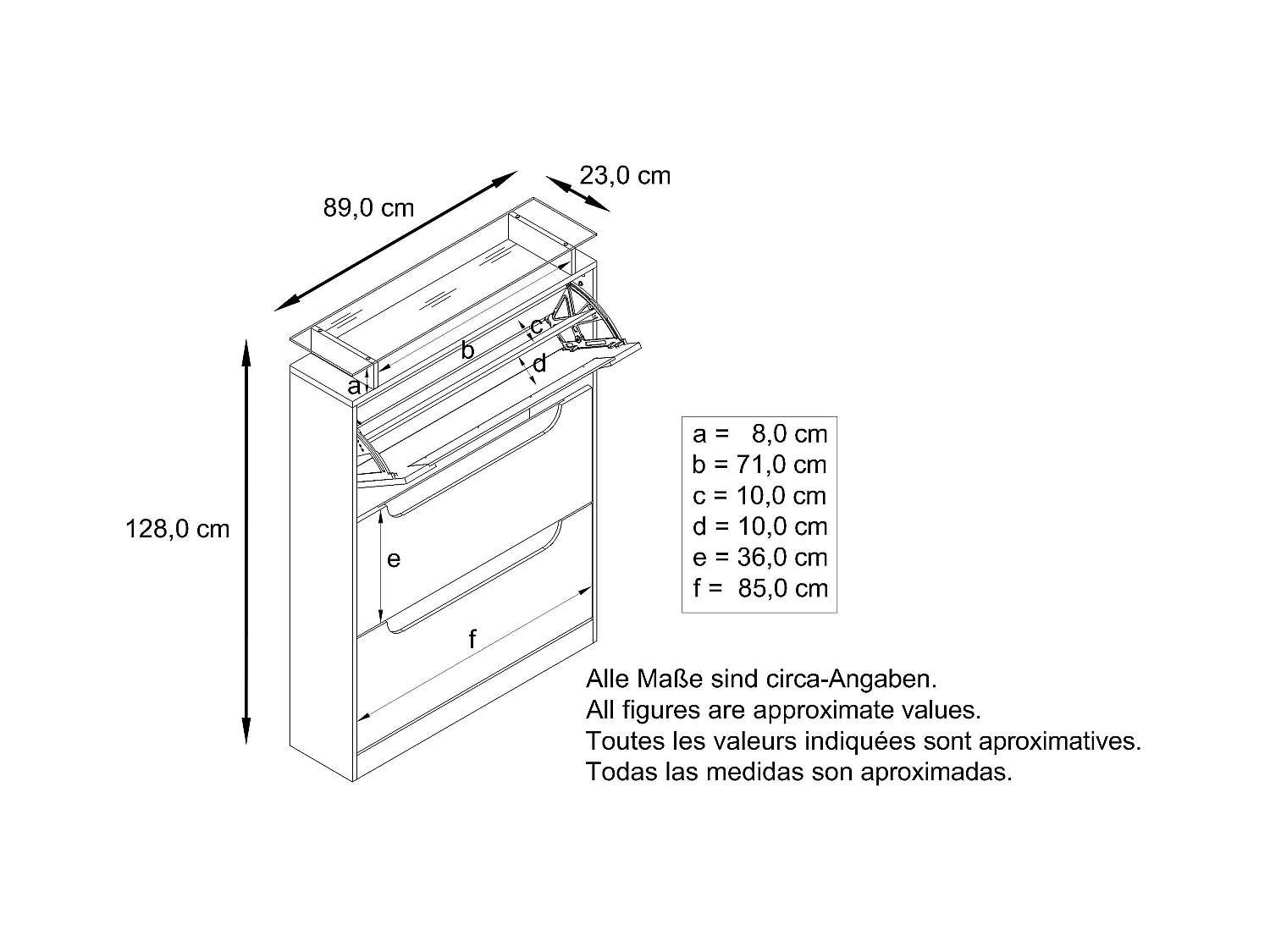 Meuble à chaussures Space, basculant pour 24 paires de chaussures avec 3 clapets et étagère en verre, Blanc mat/Gris haute brillance (89 x 128 x 23 cm)