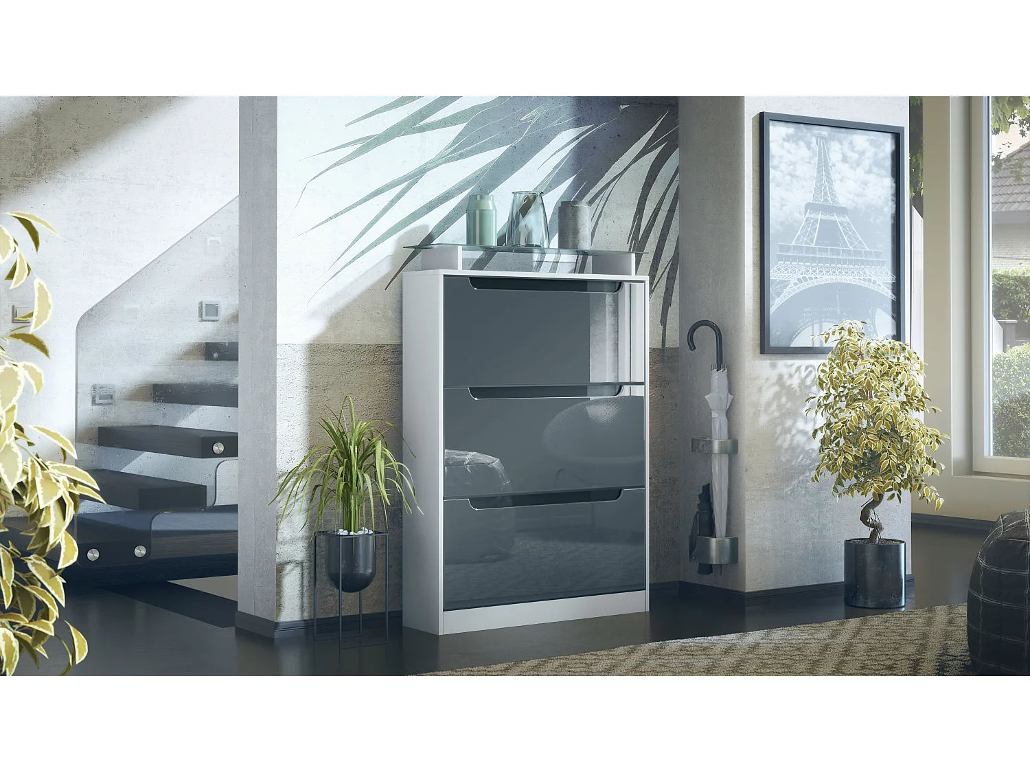 Shoe Cabinet Space, Mobile per 24 paia di scarpe con 3 ante a ribalta e un ripiano in vetro, bianco opaco/grigio lucido (89 x 128 x 23 cm)