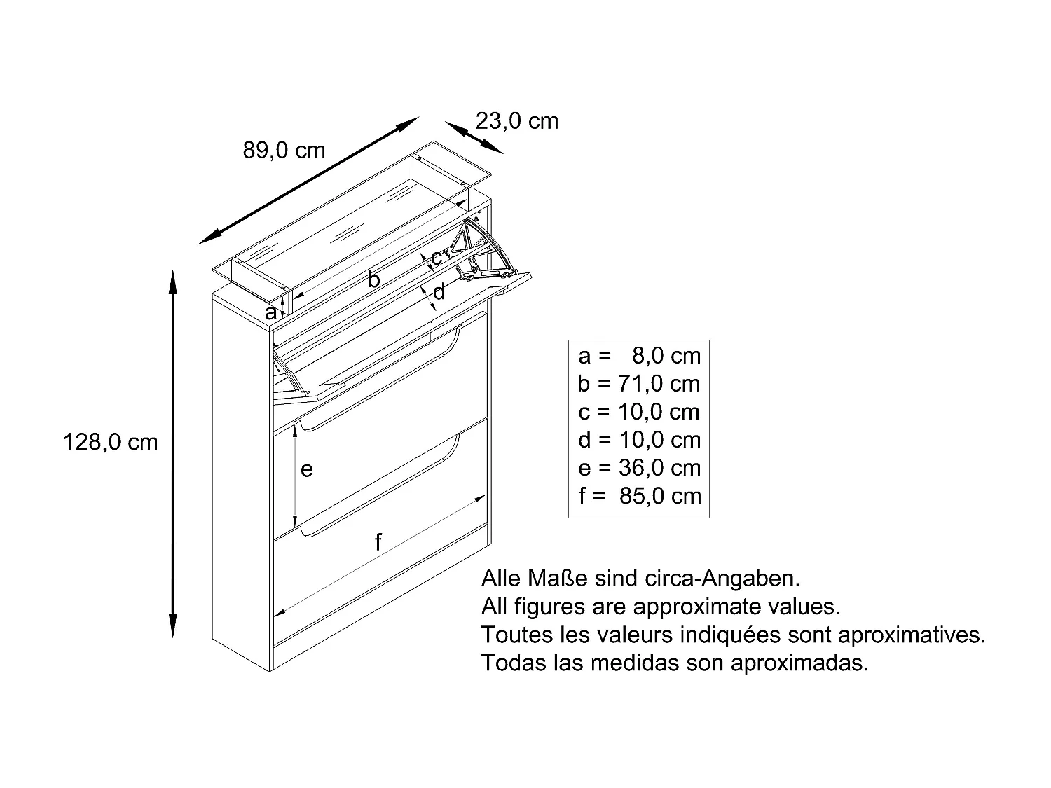 Shoe Cabinet Space, Mobile per 24 paia di scarpe con 3 ante a ribalta e un ripiano in vetro, bianco opaco/grigio lucido (89 x 128 x 23 cm)
