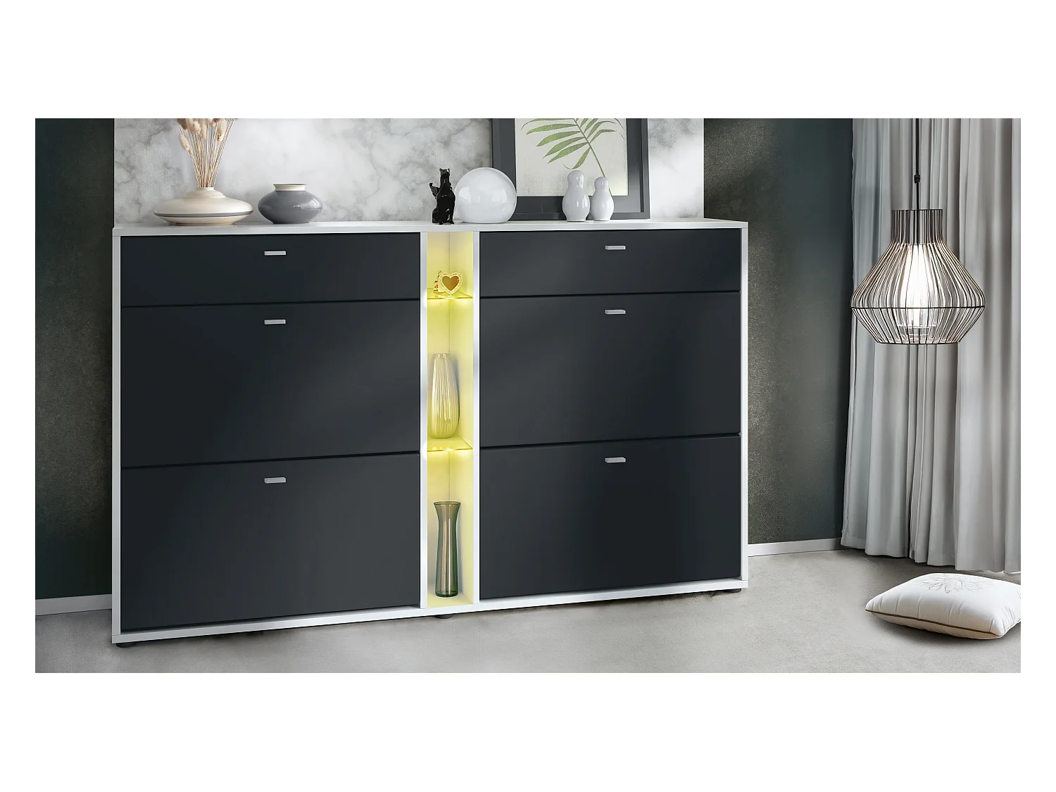 Meuble à chaussures à bascule Today 155,5 x 95 x 28 cm, avec un éclairage LED RGB, corps en Blanc mat, façades en noir haute brillance