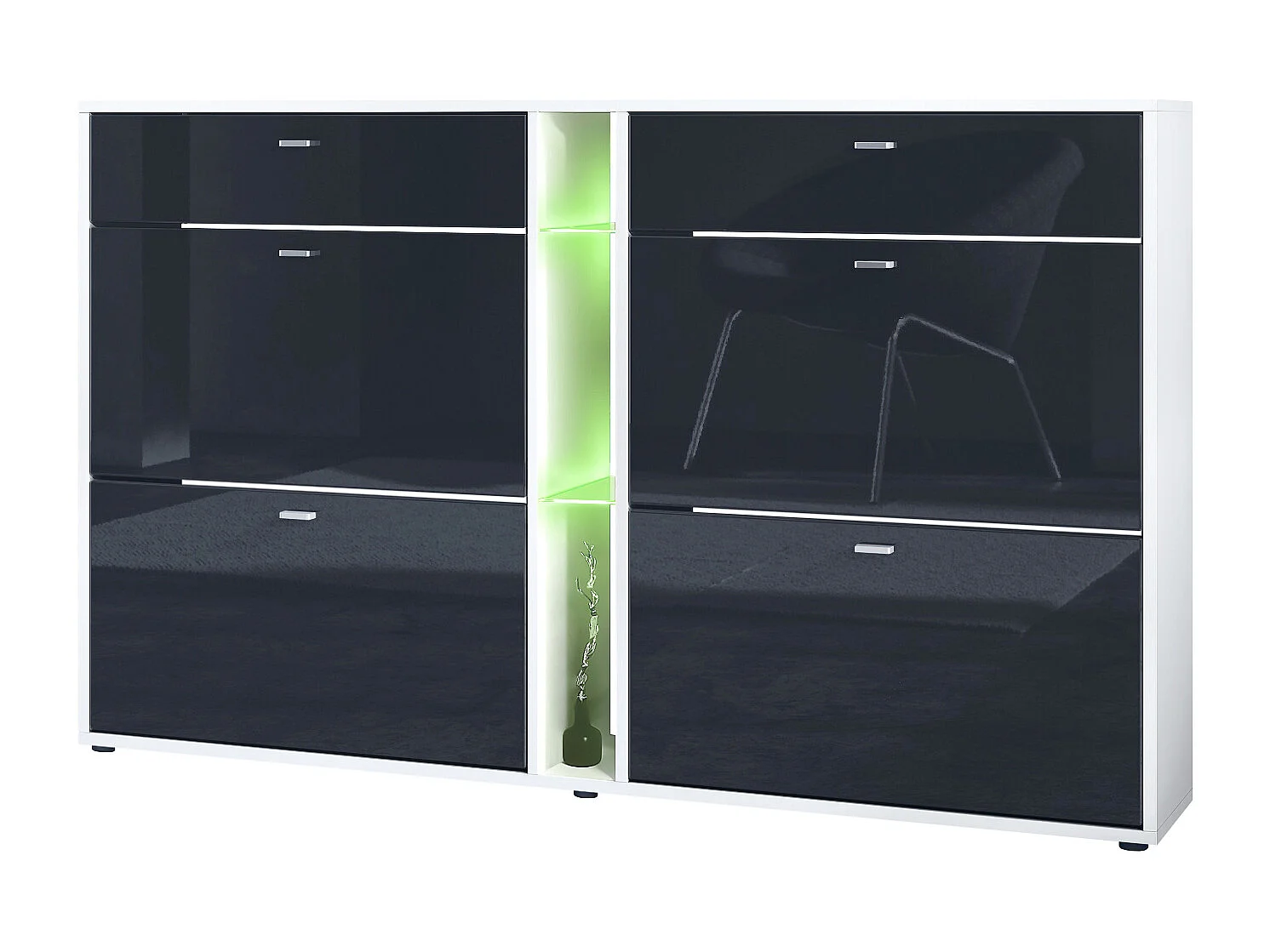 Scarpiera Today con 4 ante e 2 cassetti 155,5 x 95 x 28 cm, con illuminazione a LED RGB, struttura in bianco opaco, frontali in nero lucido