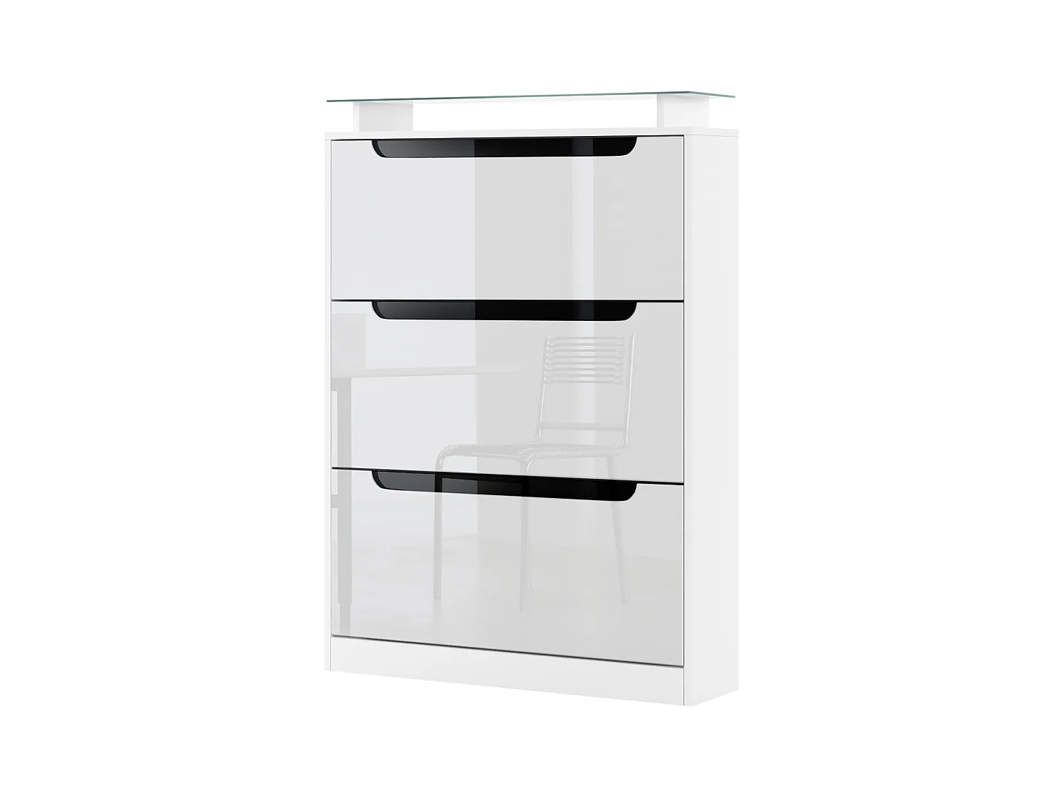 Meuble à chaussures Space, basculant pour 24 paires de chaussures avec 3 clapets et étagère en verre, Blanc mat/Blanc haute brillance (89 x 128 x 23 cm)