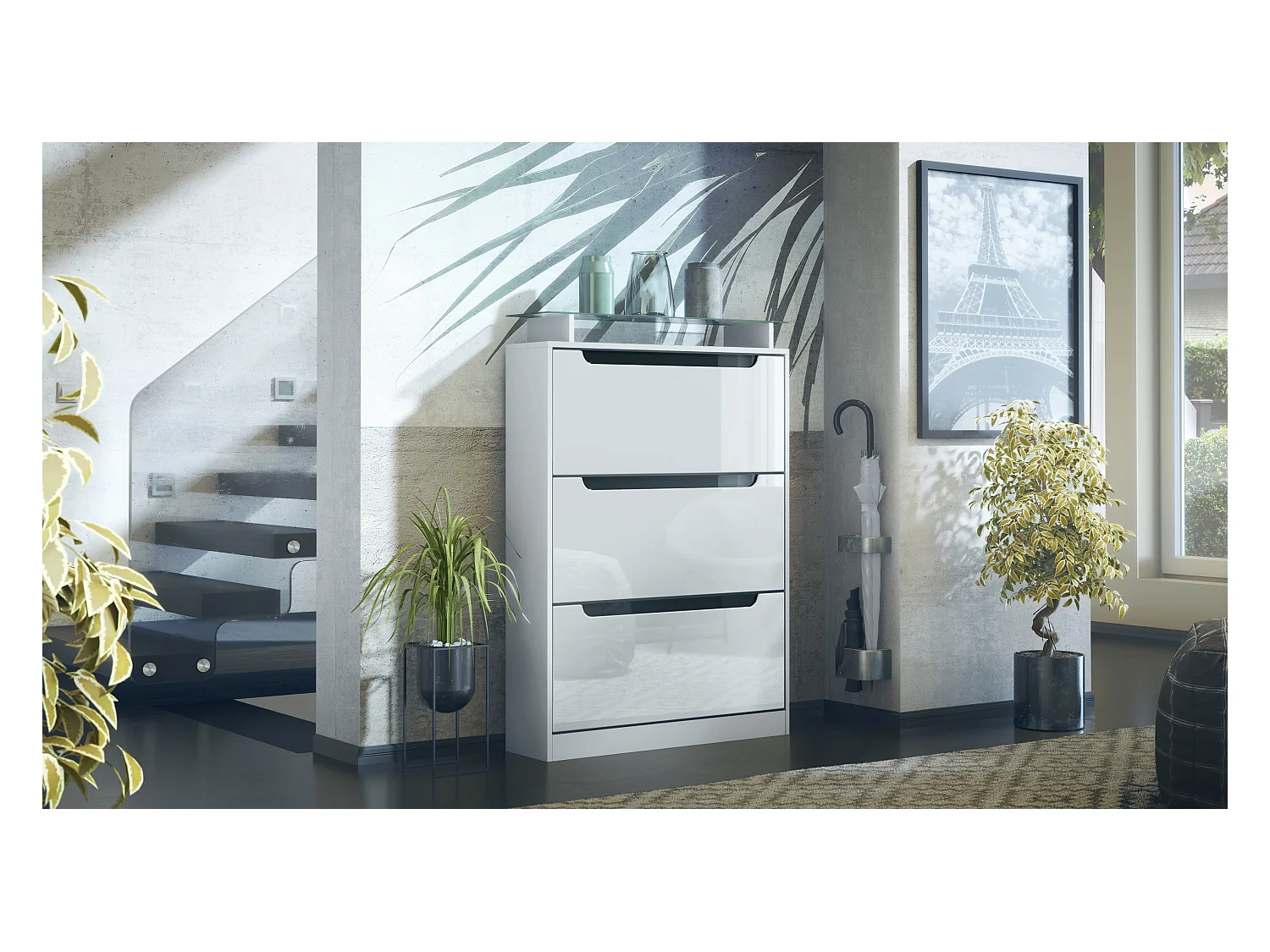 Meuble à chaussures Space, basculant pour 24 paires de chaussures avec 3 clapets et étagère en verre, Blanc mat/Blanc haute brillance (89 x 128 x 23 cm)