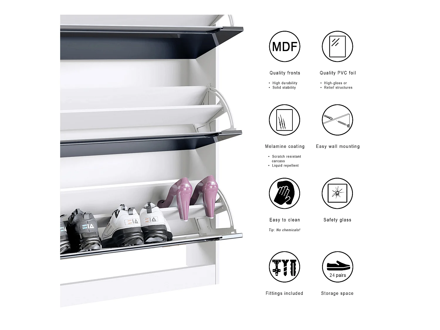 Meuble à chaussures Space, basculant pour 24 paires de chaussures avec 3 clapets et étagère en verre, Blanc mat/Blanc haute brillance (89 x 128 x 23 cm)