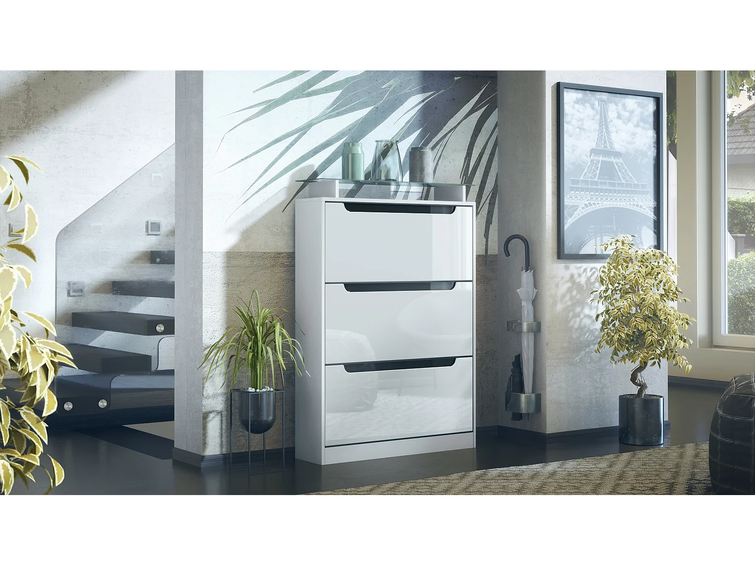 Shoe Cabinet Space, Mobile per 24 paia di scarpe con 3 ante a ribalta e un ripiano in vetro, bianco opaco/bianco lucido (89 x 128 x 23 cm)
