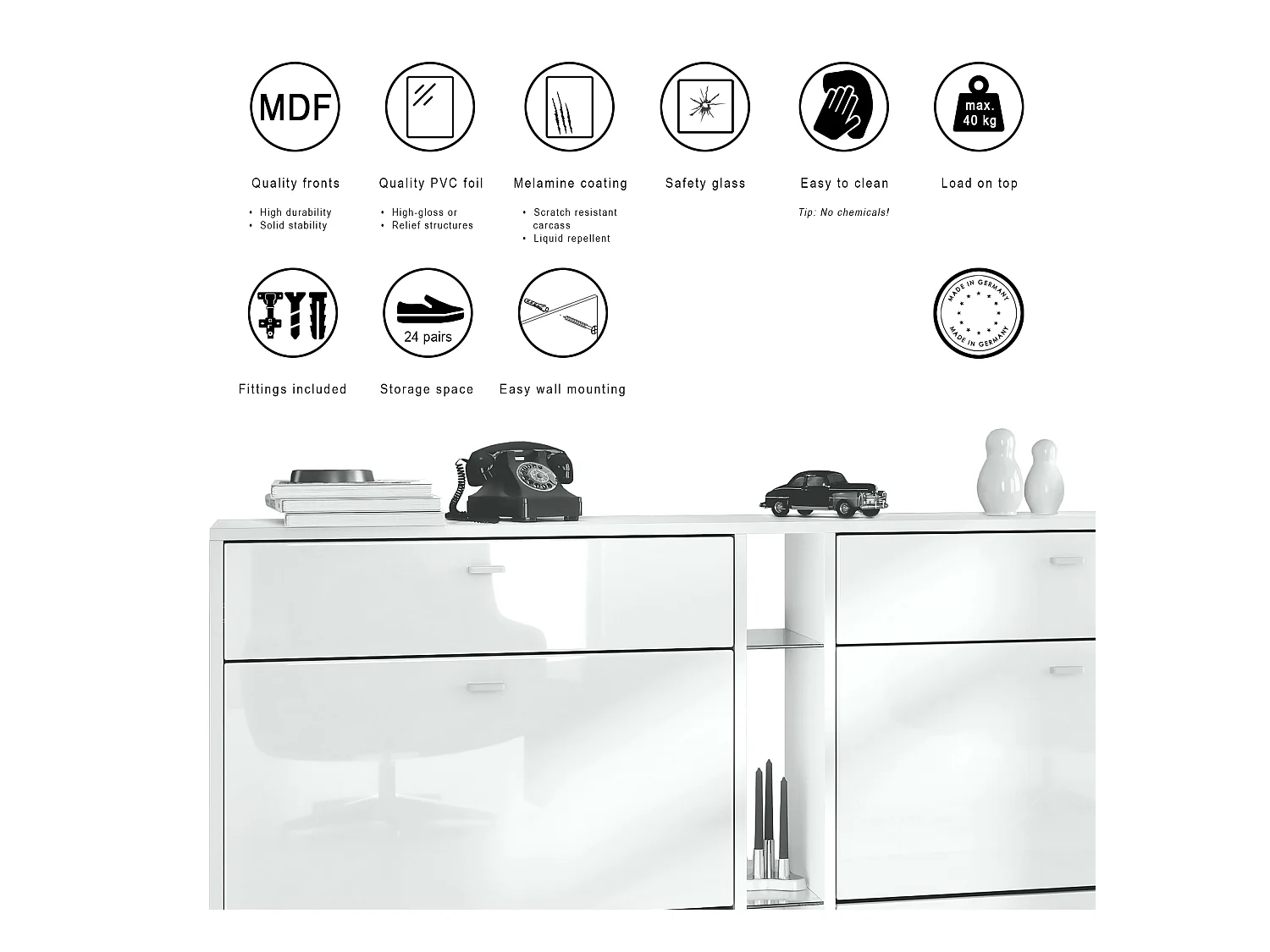 Meuble à chaussures à bascule Today 155,5 x 95 x 28 cm, corps en Blanc mat, façades en blanc mat