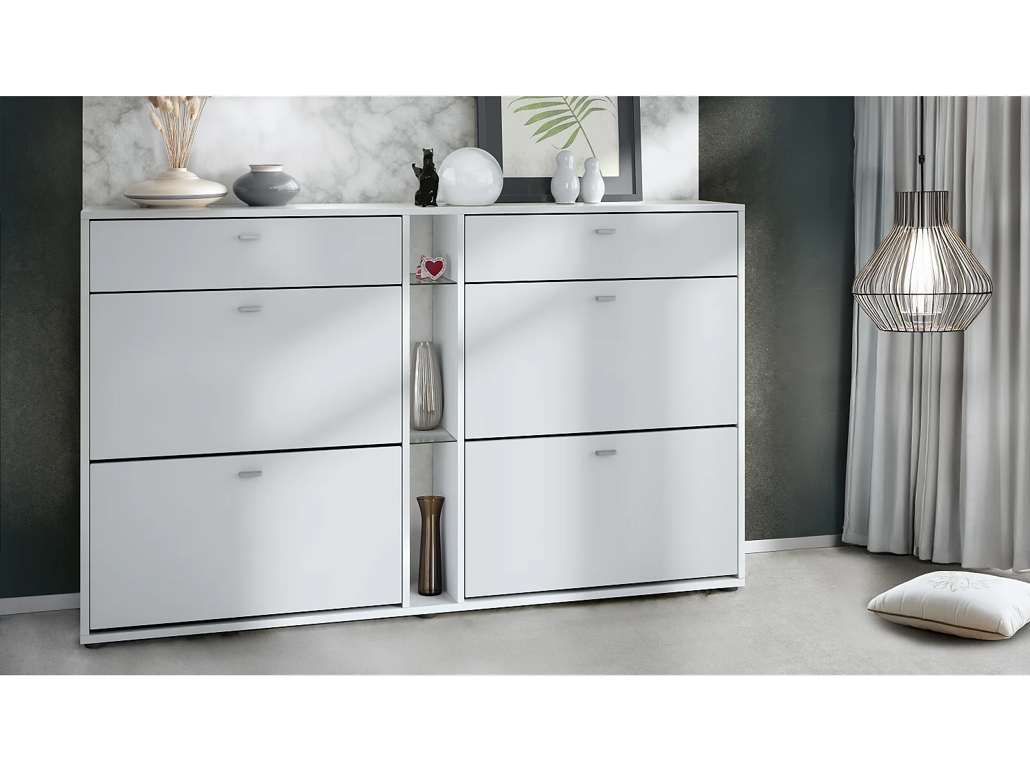 Scarpiera Today con 4 ante e 2 cassetti 155,5 x 95 x 28 cm, struttura in bianco opaco, frontali in bianco opaco