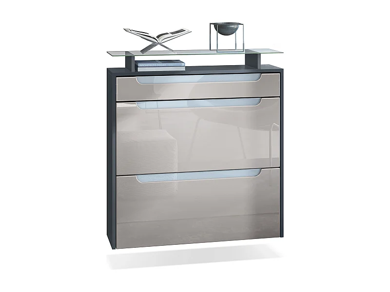 Meuble chaussures Annie pour 16 paires de chaussures, avec tablette en verre, Anthracite mat/Gris sable brillant , poignées Blanc brillant (89x96x23 cm)