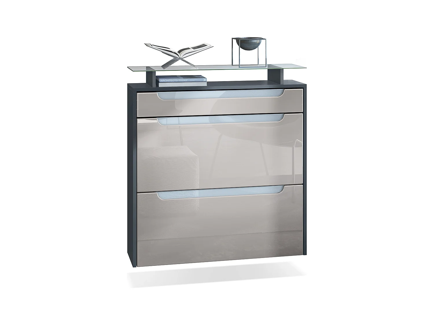 Meuble chaussures Annie pour 16 paires de chaussures, avec tablette en verre, Anthracite mat/Gris sable brillant , poignées Blanc brillant (89x96x23 cm)