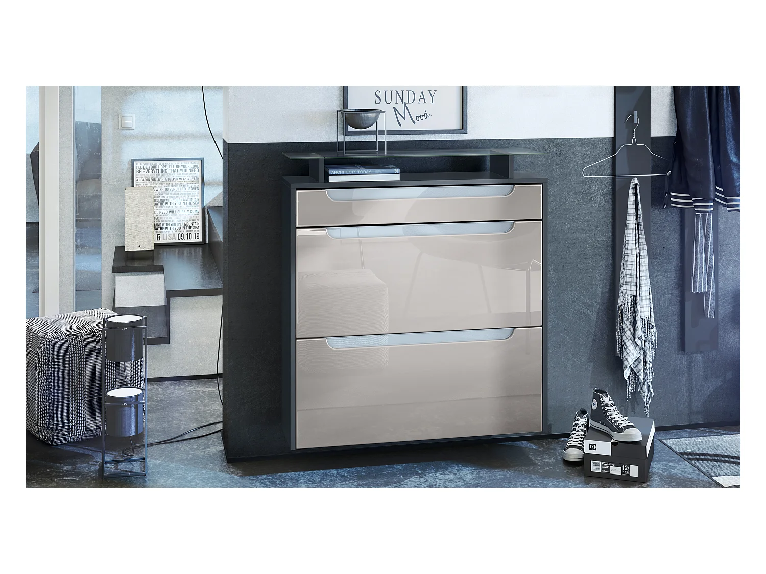 Meuble chaussures Annie pour 16 paires de chaussures, avec tablette en verre, Anthracite mat/Gris sable brillant , poignées Blanc brillant (89x96x23 cm)