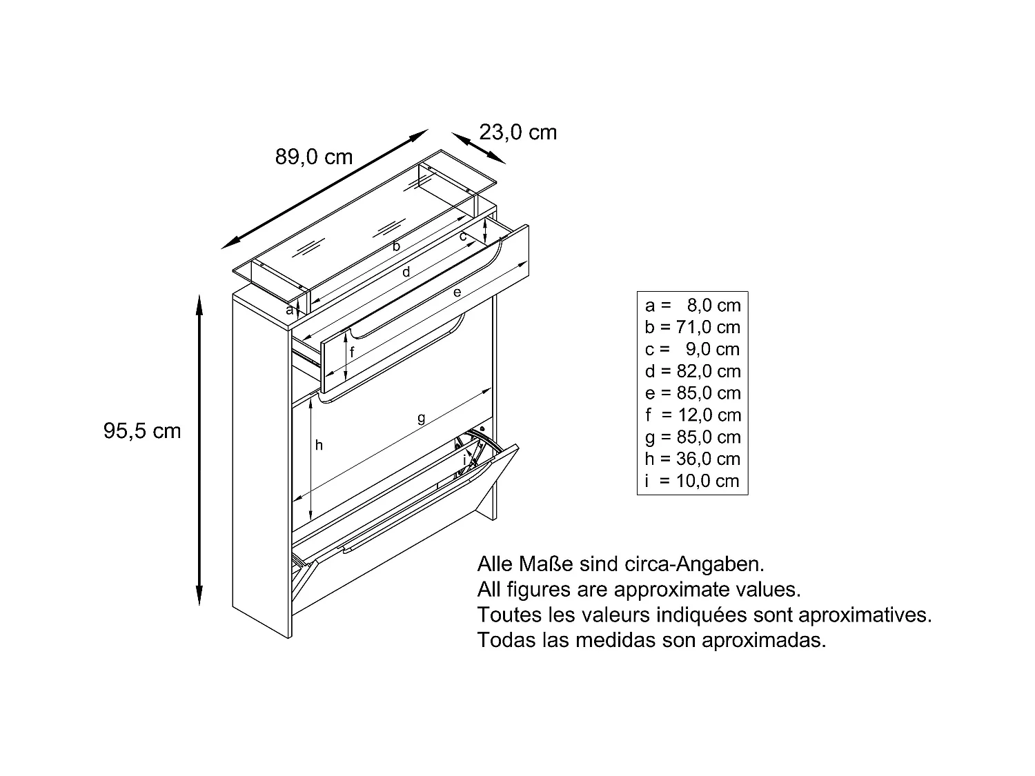 Meuble chaussures Annie pour 16 paires de chaussures, avec tablette en verre, Anthracite mat/Gris sable brillant , poignées Blanc brillant (89x96x23 cm)