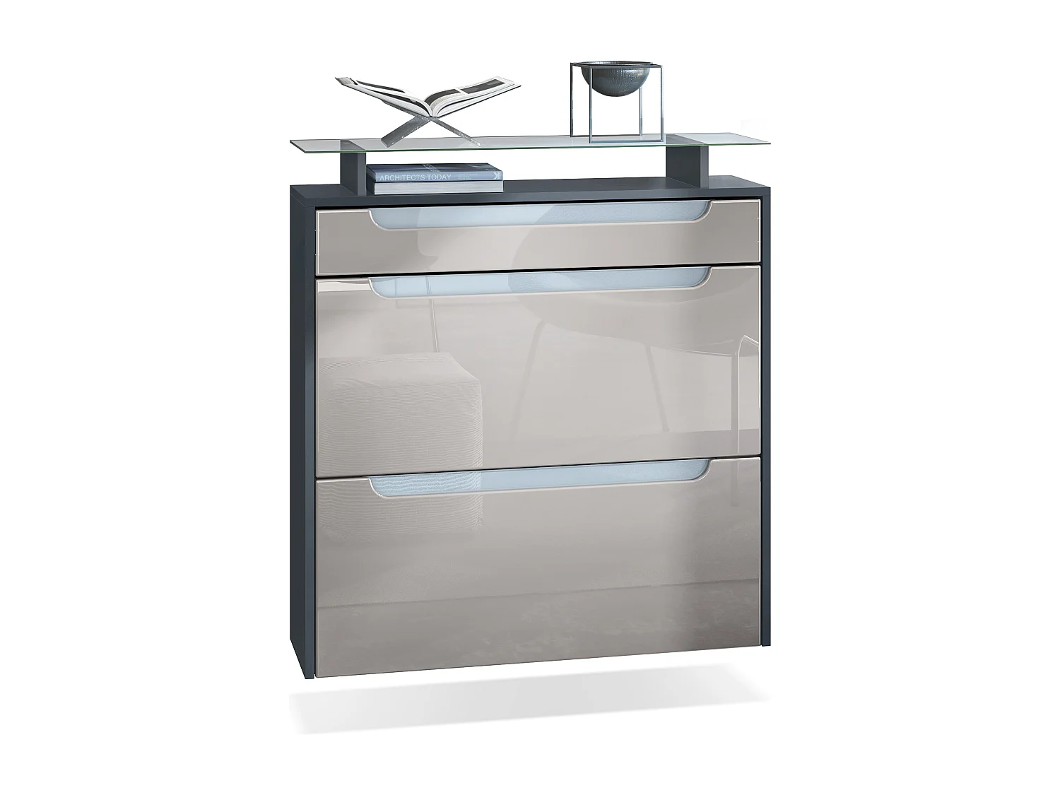 Scarpiera  Annie per 16 paia di scarpe con 2 ante a ribalta e ripiano in vetro, antracite opaco/grigio sabbia, maniglie incassate in bianco lucido (89 x 96 x 23 cm)