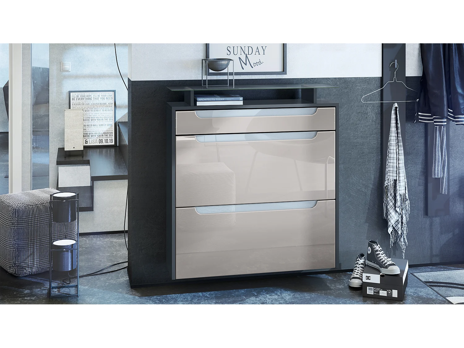 Scarpiera  Annie per 16 paia di scarpe con 2 ante a ribalta e ripiano in vetro, antracite opaco/grigio sabbia, maniglie incassate in bianco lucido (89 x 96 x 23 cm)