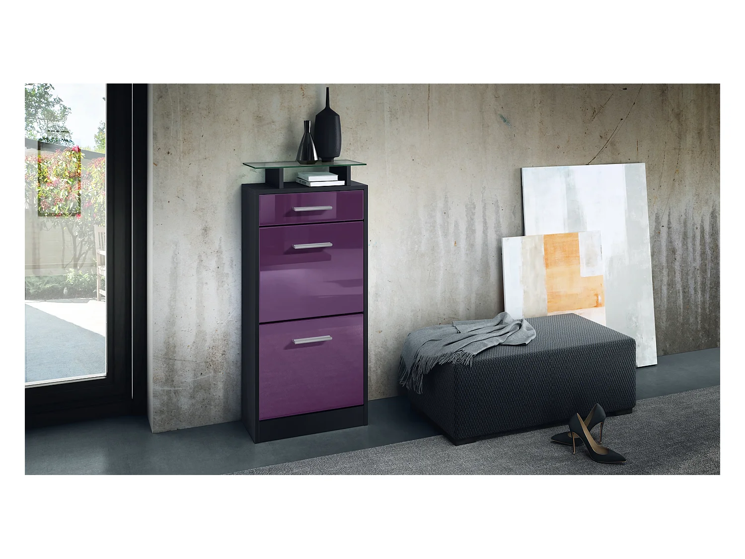 Meuble chaussure Loret V2, Étagère à chaussures pour 8 paires de chaussures avec 2 clapets, 1 tiroir, Noir mat/Mûre brillant (46 x 104 x 23 cm)