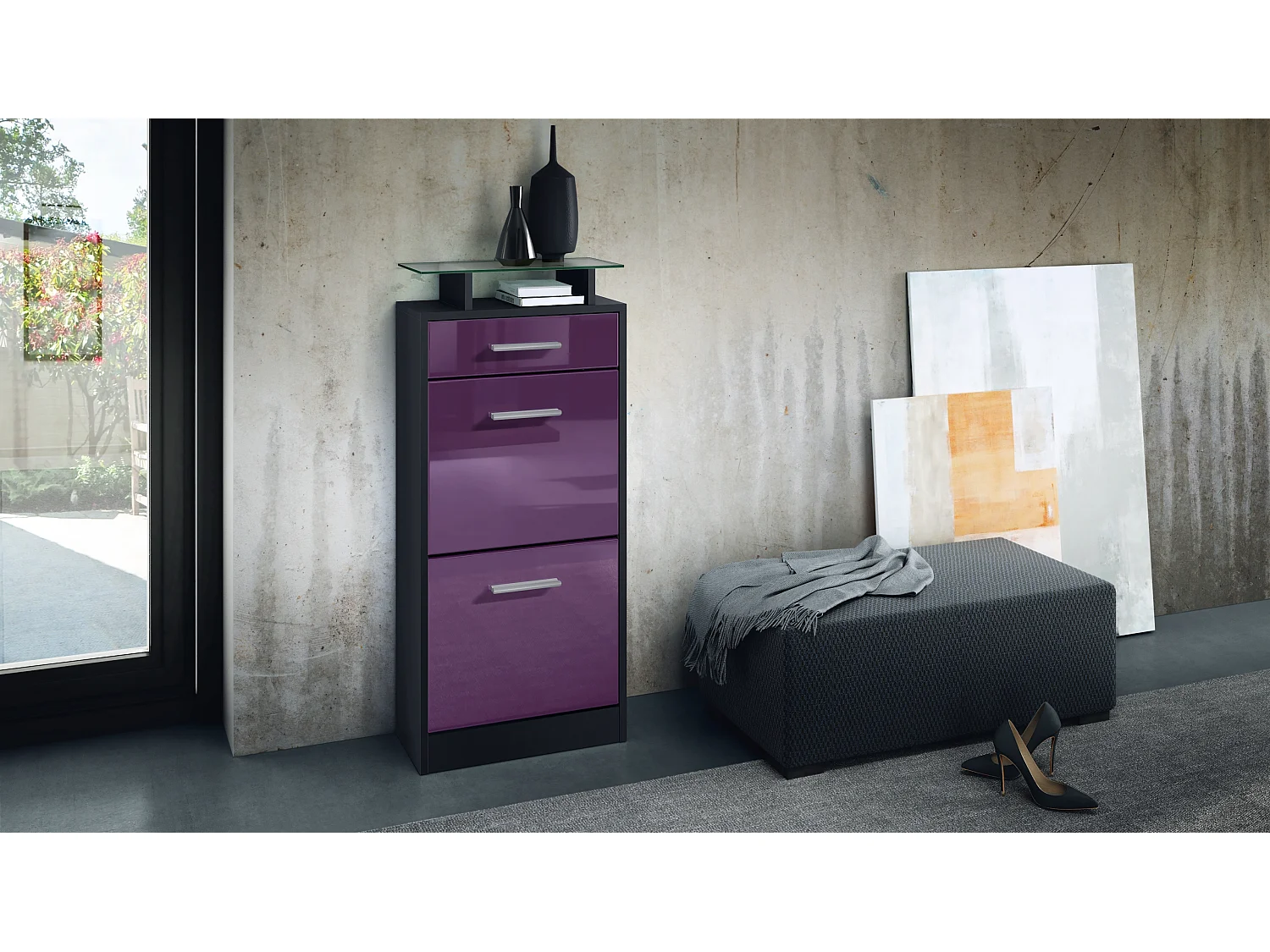 Meuble chaussure Loret V2, Étagère à chaussures pour 8 paires de chaussures avec 2 clapets, 1 tiroir, Noir mat/Mûre brillant (46 x 104 x 23 cm)