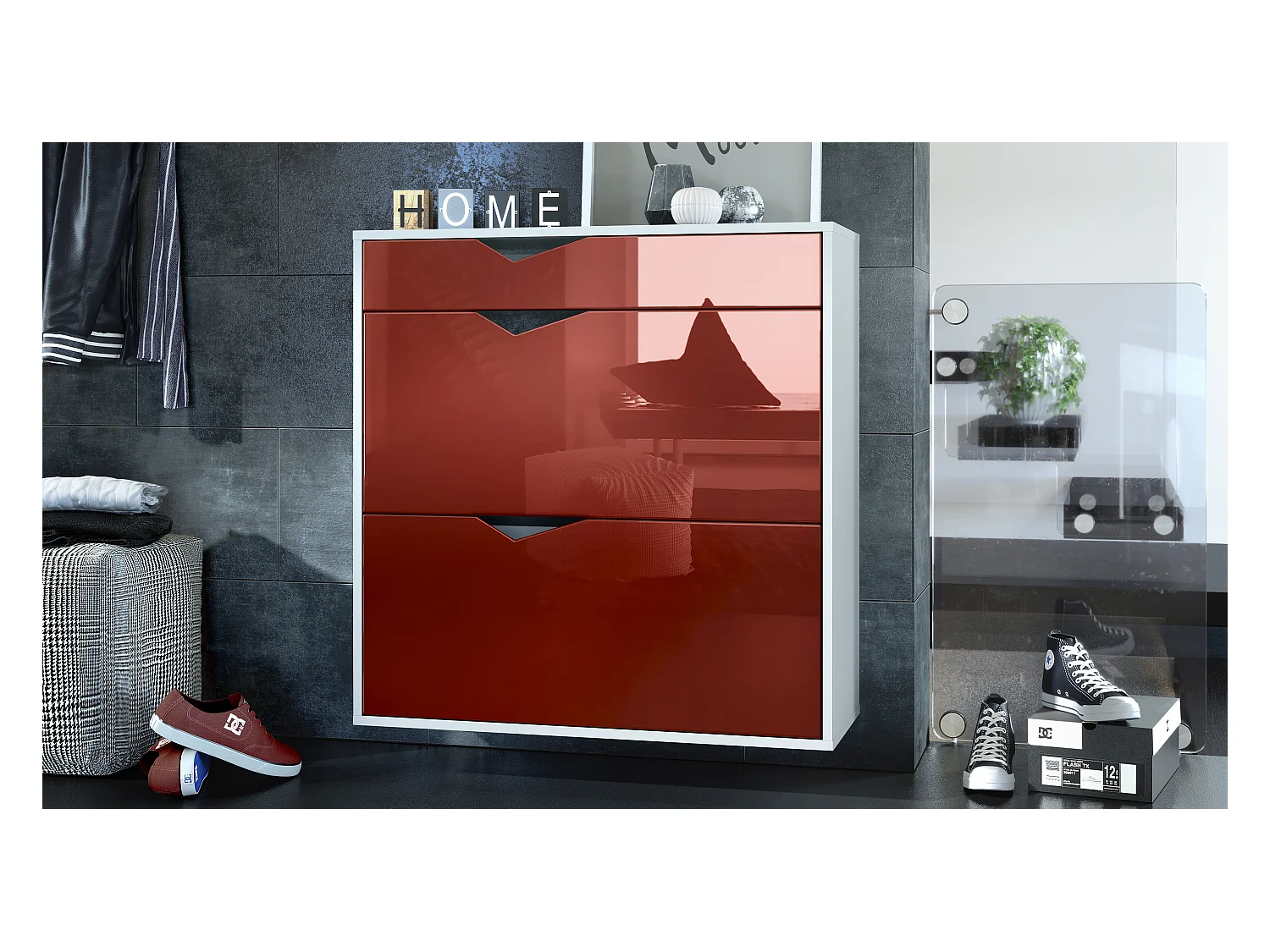 Armoire à chaussures Kolmio 85 x 87 x 33 cm, corps en blanc mat, façades en Bordeaux haute brillance | Grand choix de couleurs