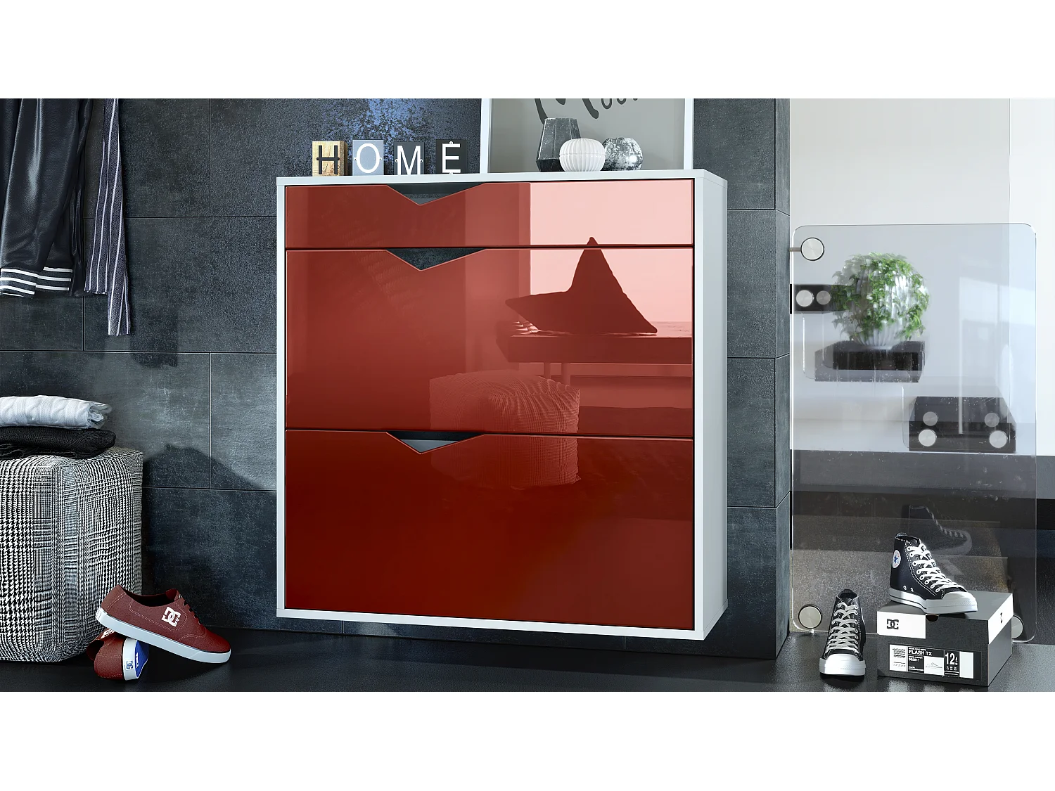 Scarpiera Kolmio 85 x 87 x 33 cm, struttura in bianco opaco, frontali in bordeaux lucido | Vasta scelta di colori