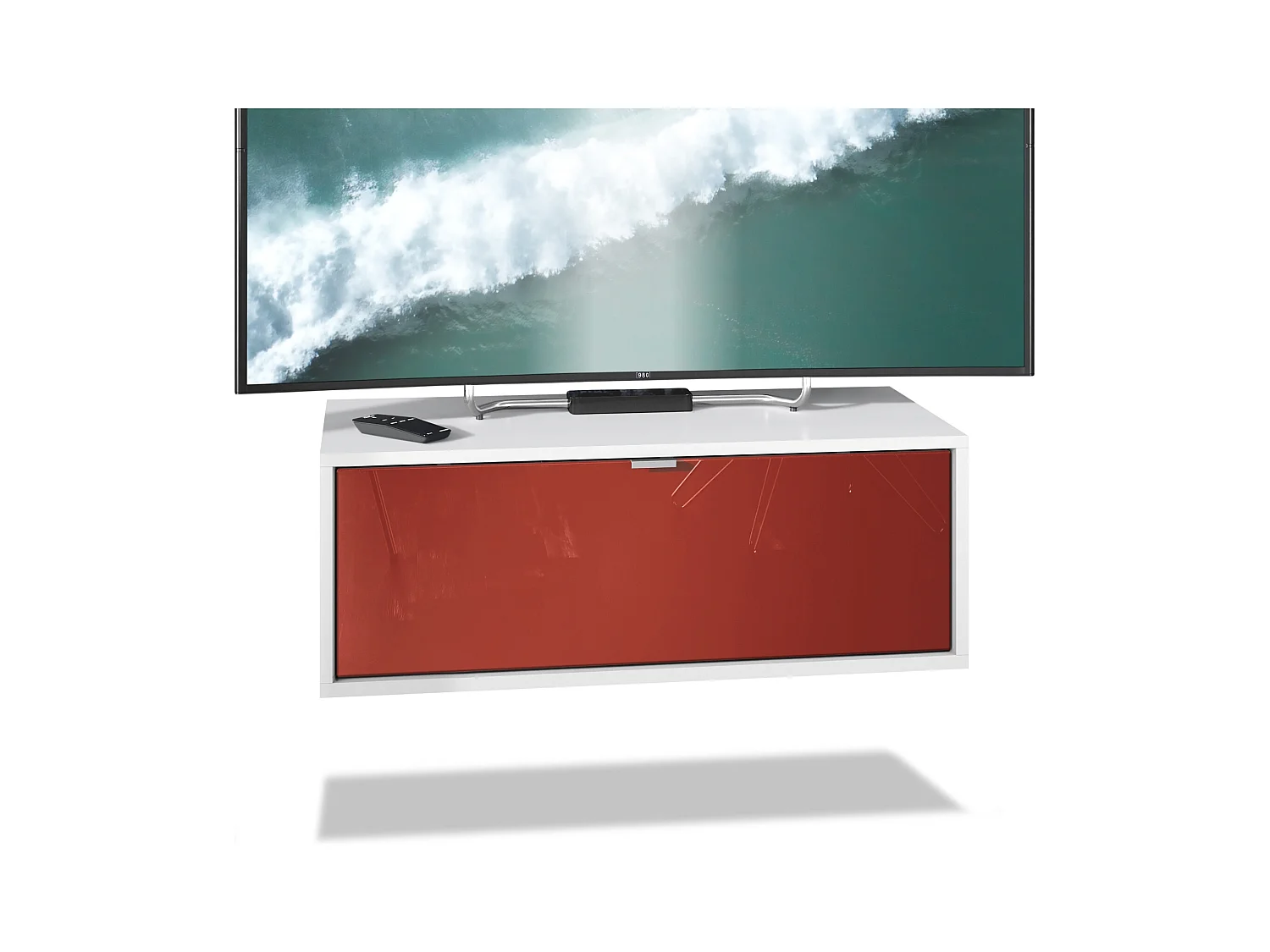 Meuble TV Lana 80 armoire murale lowboard 80 x 29 x 37 cm, caisson en blanc mat, façades en Bordeaux haute brillance | Grand choix de couleurs