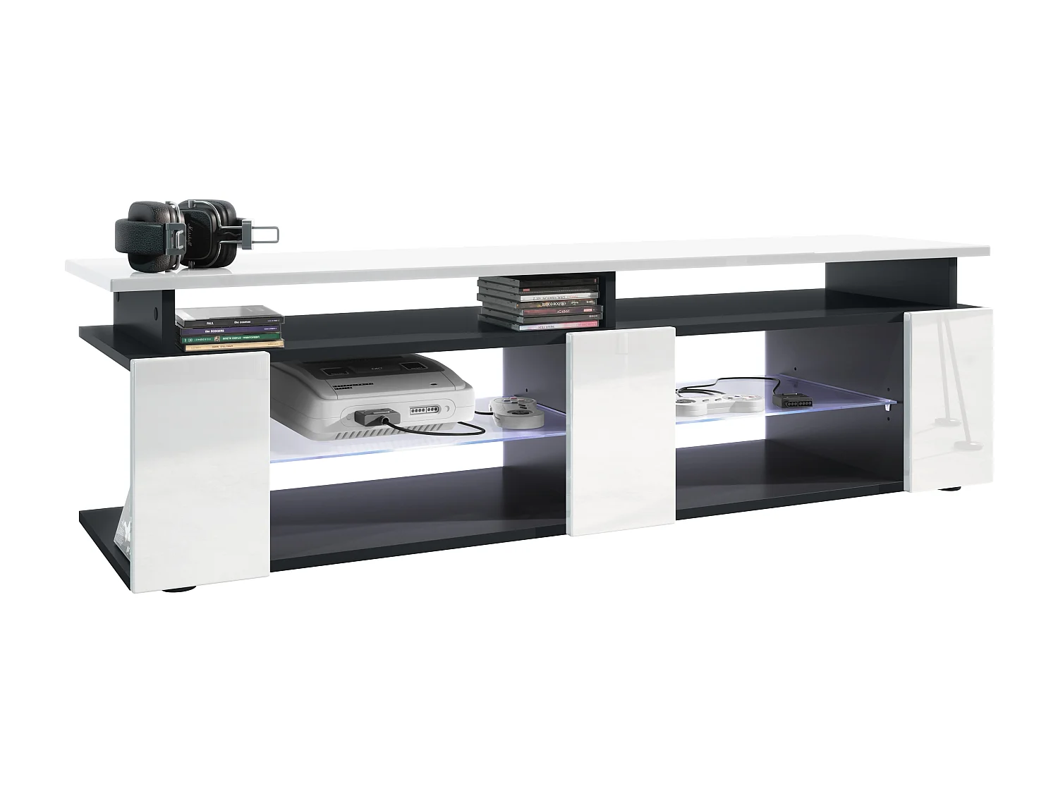 TV Board Movie V2 Game On Lowboard 138,5 x 39 x 39 cm éclairage LED inclus Blanc, caisson en noir mat, façades en blanc haute brillance