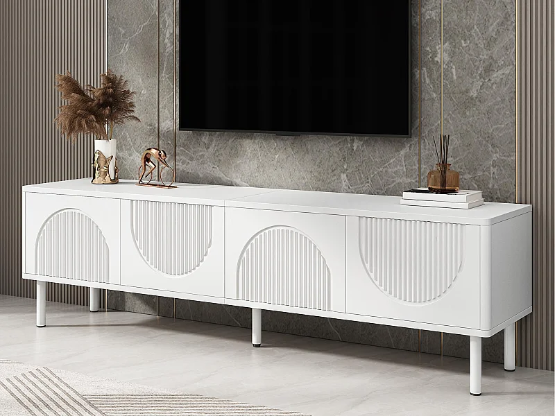 Meuble TV moderne 180x40x52 cm - 4 portes - design en relief - blanc