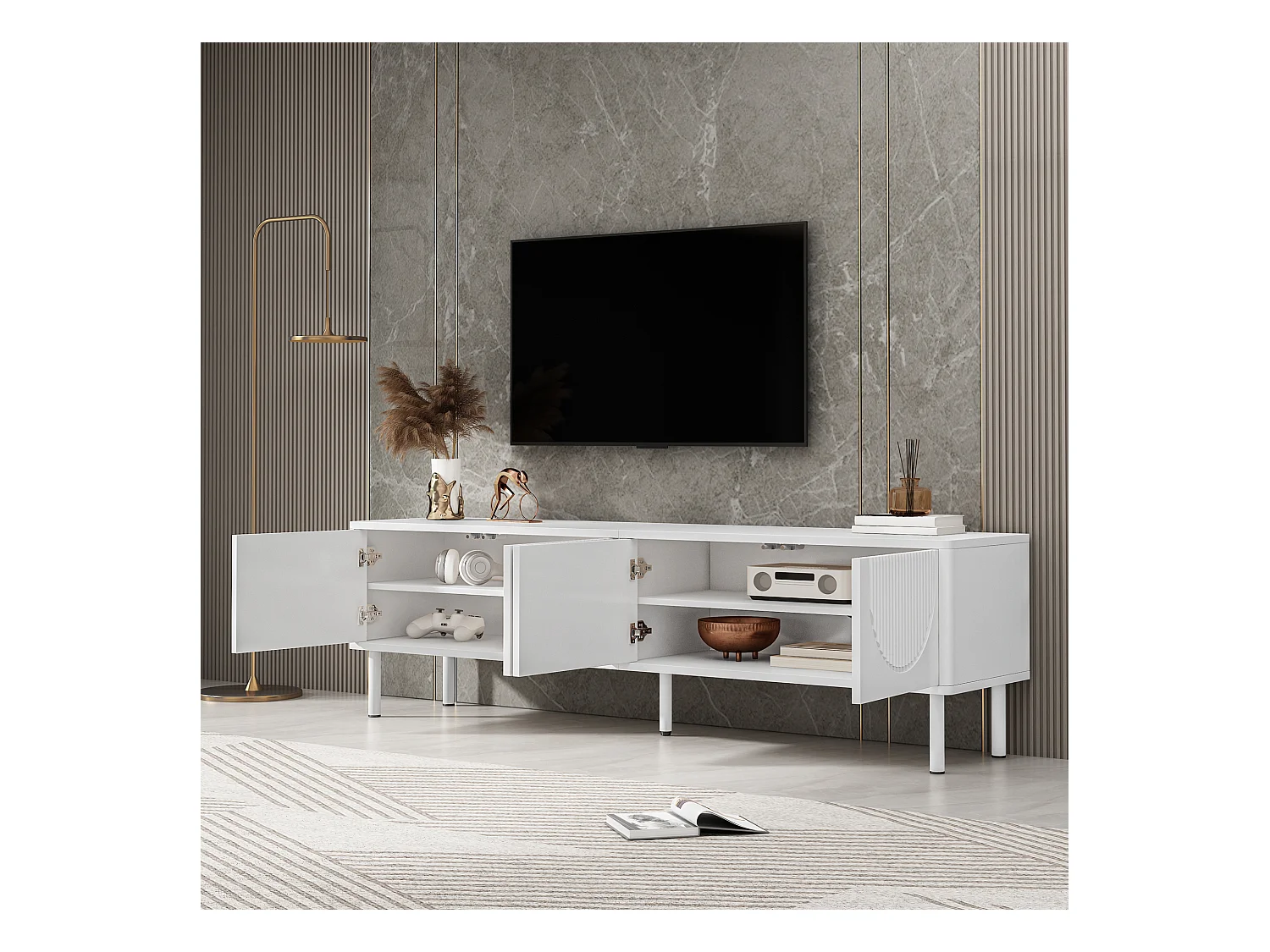 Nowoczesny stolik RTV 180x40x52 cm - 4 drzwi - wzór wypukły - biały