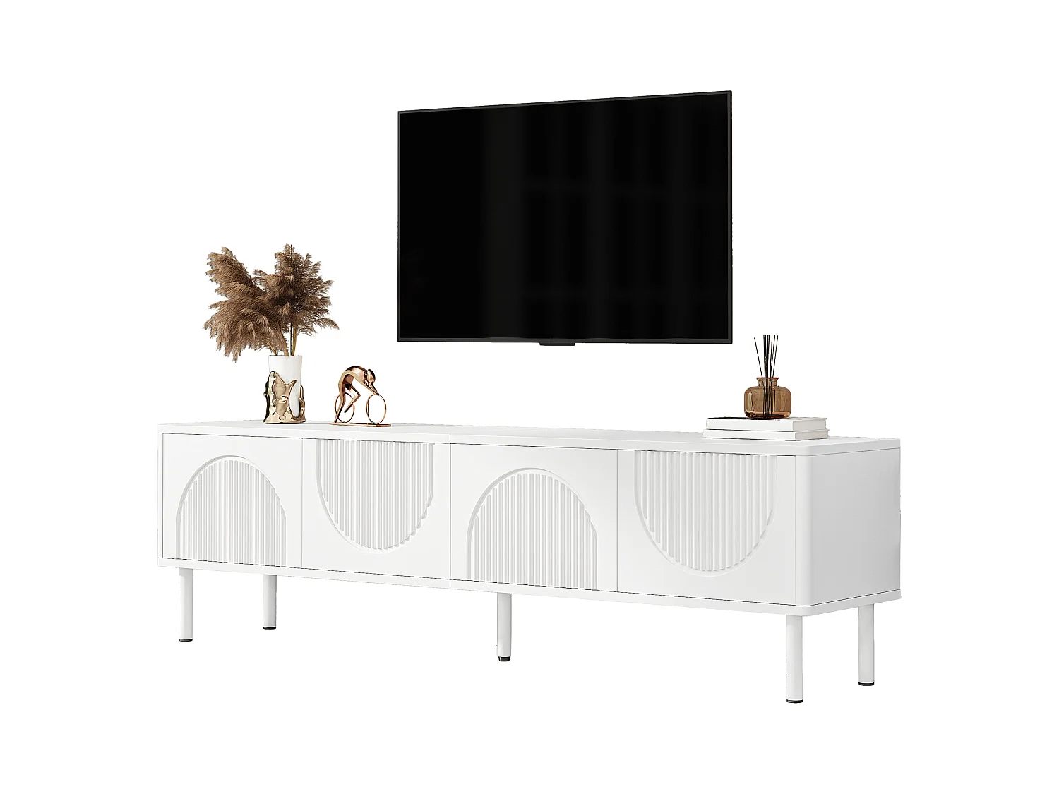 Nowoczesny stolik RTV 180x40x52 cm - 4 drzwi - wzór wypukły - biały