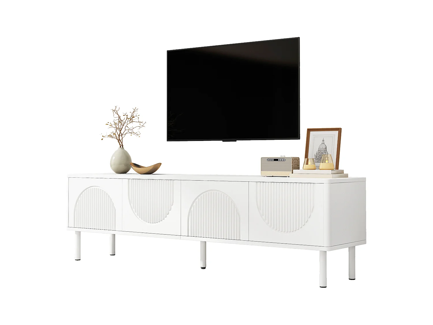 Nowoczesny stolik RTV 180x40x52 cm - 4 drzwi - wzór wypukły - biały