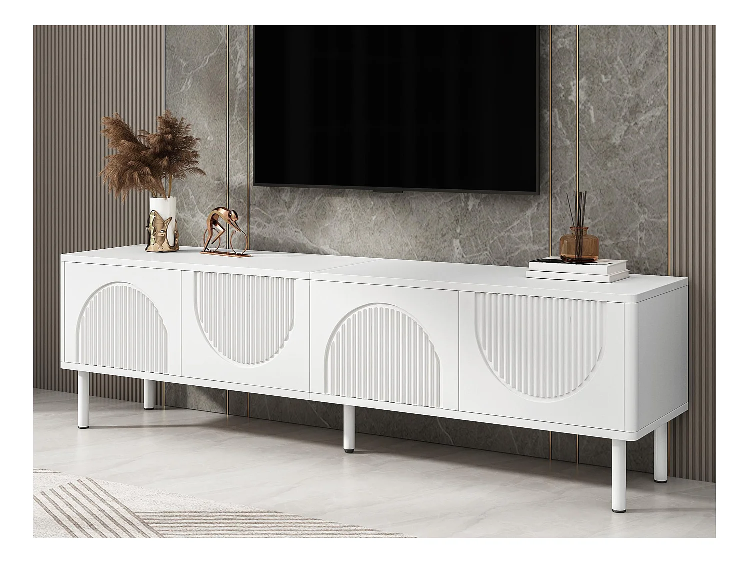 Meuble TV moderne 180x40x52 cm - 4 portes - design en relief - blanc