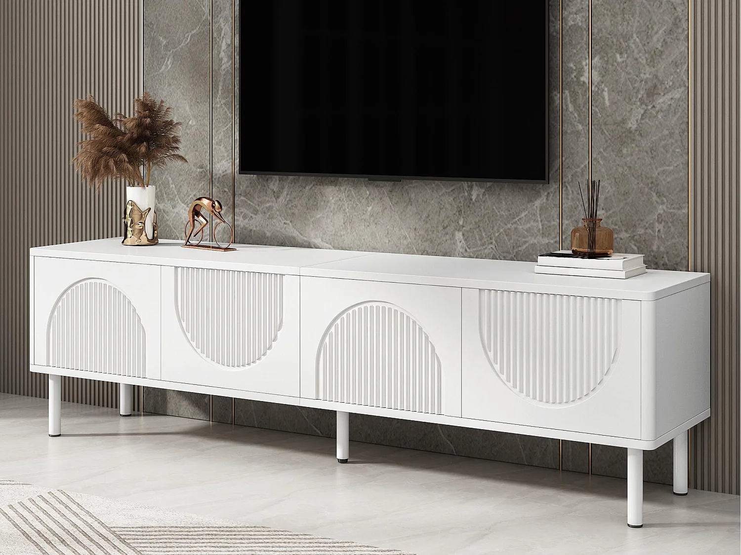 Meuble TV moderne 180x40x52 cm - 4 portes - design en relief - blanc