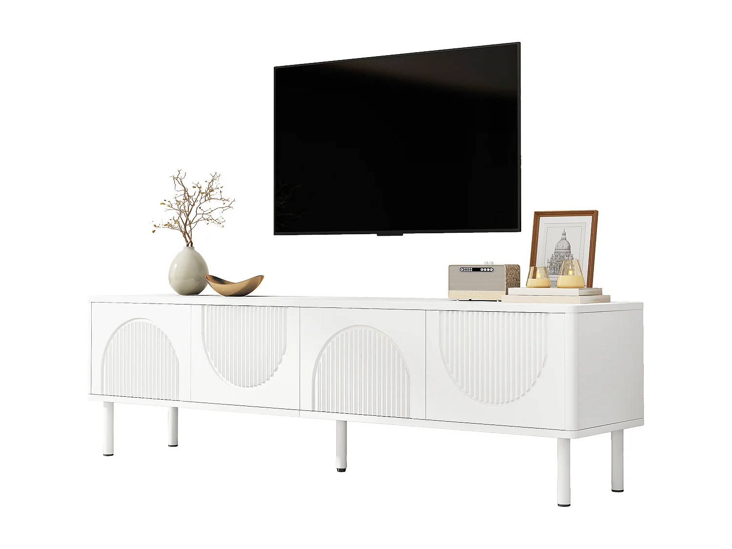 Meuble TV moderne 180x40x52 cm - 4 portes - design en relief - blanc