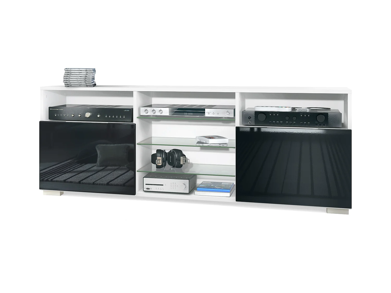 Meuble TV Granada, Lowboard avec 2 portes et 6 compartiments ouverts, corps blanc mat, façades en noir haute brillance (146 x 54 x 35 cm)