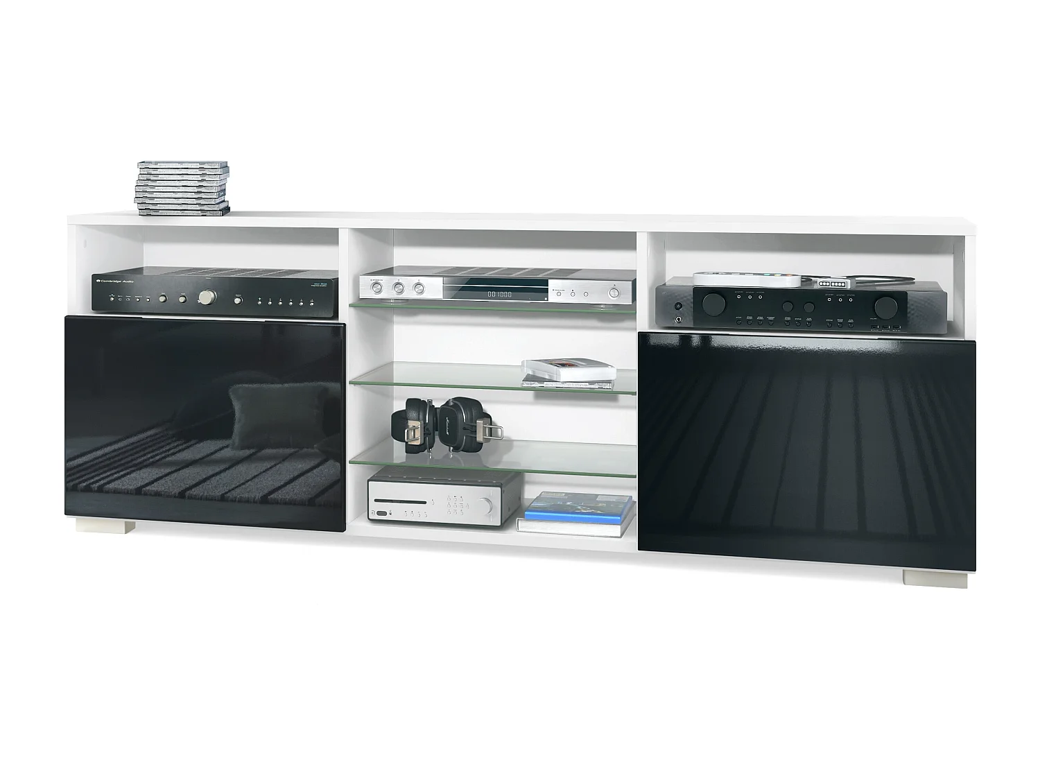 Meuble TV Granada, Lowboard avec 2 portes et 6 compartiments ouverts, corps blanc mat, façades en noir haute brillance (146 x 54 x 35 cm)