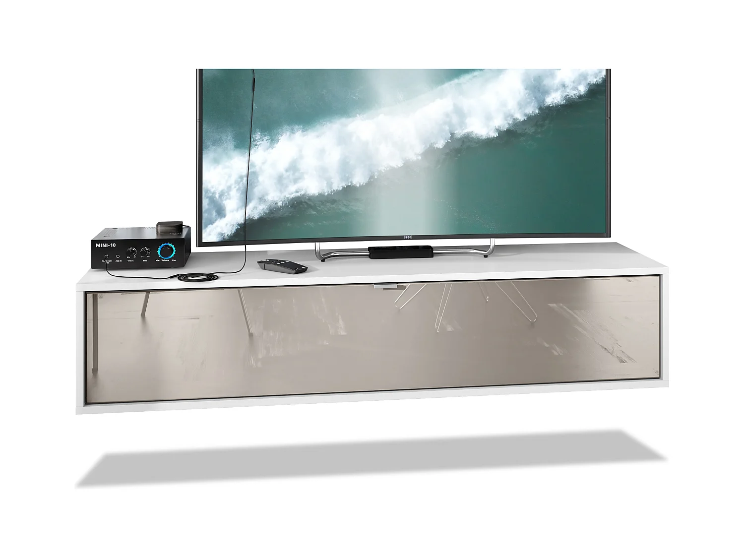 Mueble televisor Lana 140 Mueble de pared para televisión 140 x 29 x 37 cm, Cuerpo en Blanco Mate, Frentes en Gris arena de alto brillo | Gran variedad de colores